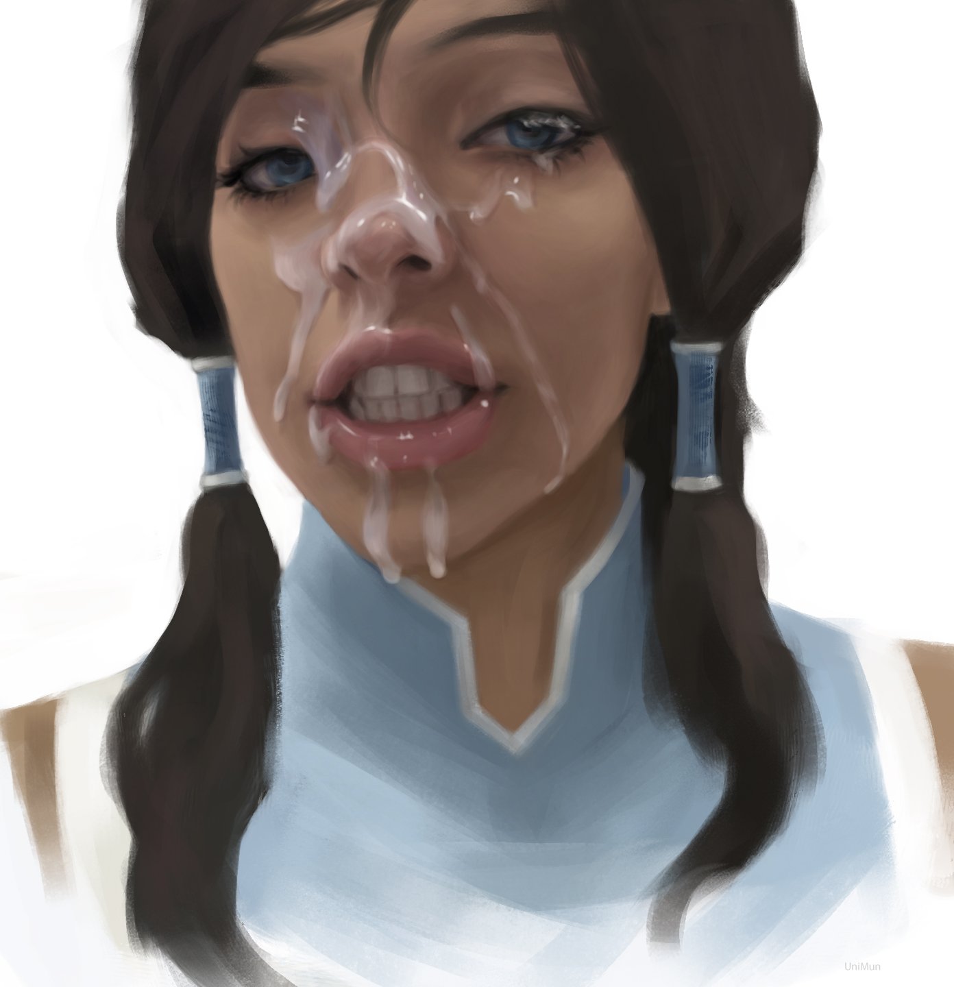 1girls, 2d, 2d (artwork), avatar legends, blue eyes, brown hair, bukkake, clenched teeth, clothing, cum, cum on face, dark skin, dark-skinned female, facial, female, female only, jefnightly, korra, lipstick, long hair, photo manipulation, realistic, selfie, solo, straight hair, the avatar, the legend of korra, thick lips, water tribe, white background