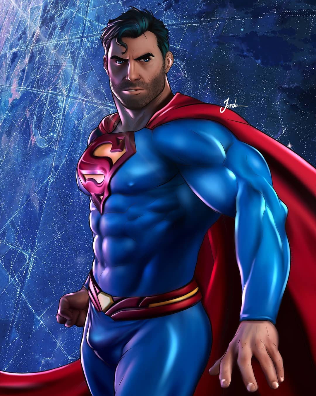 1boy 2019 bara big_bulge black_hair blue_eyes bulge cape clothed dc erect_nipples_under_clothes facial_hair fit human human_only jorden_arts male male_only male_tights muscles muscular muscular_male patreon penis_bulge solo solo_focus solo_male spandex superhero superman superman_(series) tight_clothing