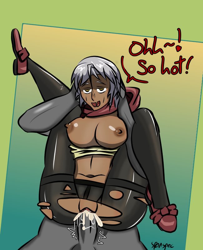 1girls, breasts, clothed sex, cum, cum in pussy, cum inside, dark skin, dark-skinned female, female, full nelson, human, jojo's bizarre adventure, mariah (jjba), pantyhose, pussy, sex, short hair, shounen jump, silver hair, spanspec, stardust crusaders, straight, text, torn pantyhose, vaginal penetration, villainess, white hair, yellow eyes