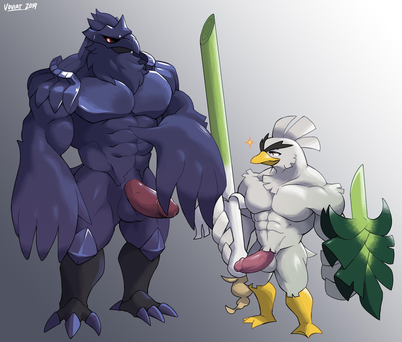 2019 2boys abs anthro anthrofied avian beak bird corvid corviknight erection gay hi_res huge_penis humanoid_penis larger_male male melee_weapon muscular muscular_male nintendo nude pecs penis pokémon_(species) pokemon pokemon_ss pokemorph shield simple_background sirfetch'd size_difference smaller_male standing sword text topless video_games voviat watermark weapon yaoi