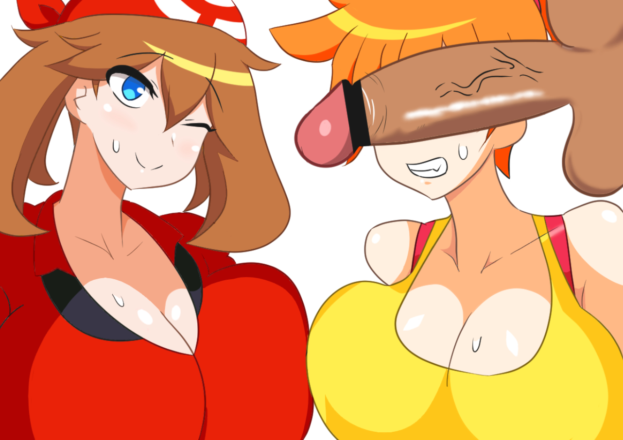 1boy, 2girls, alternate breast size, balls, big breasts, blue eyes, breast frottage, breasts, brown hair, censored, clothed female nude male, dark skin, dark-skinned male, erection, eye contact, female, huge breasts, huge cock, human, human only, interracial, kasumi (pokemon), large penis, looking at viewer, male, may (pokemon), multiple females, multiple girls, nintendo, orange hair, penis, penis on face, penis over eyes, pokemon, pokemon rgby, pokemon rse, shirt, straight, suspenders, take your pick, tank top, testicles, veins, veiny penis, white background, wink