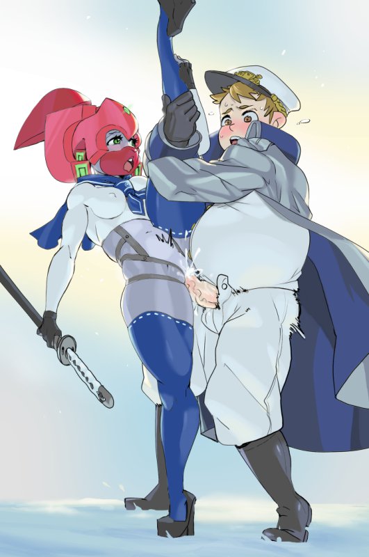 1boy 1girls balls blush bottomless breasts clothed_male_nude_female clothed_sex cum cum_in_pussy cum_inside fat_man high_heels leg_up male motion_lines nipple_bulge penis proxy_(character) robot_girl sailor snow sweat sword tagme thick_thighs thighhighs ziroko