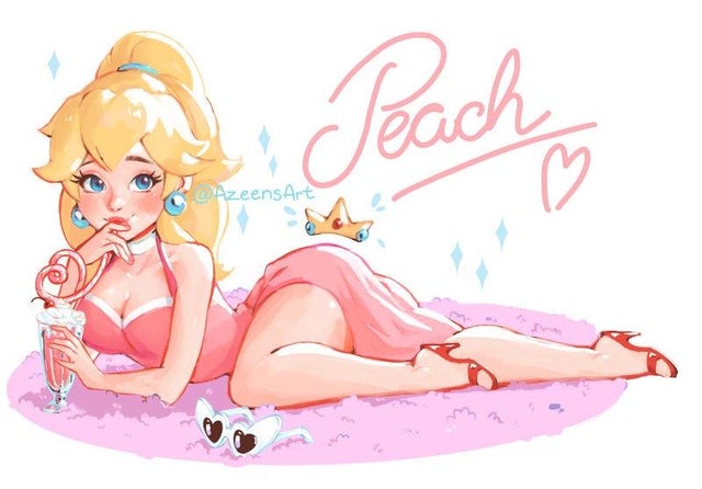 1girls, adapted costume, alternate costume, artist name, artist signature, azeensart, background, blonde hair, blue eyes, blush, breasts, cleavage, clothed, clothing, curvy, drinking, earrings, female, female only, full body, glasses, heels, high heels, human, laying down, long hair, lying, mario (series), nintendo, on stomach, pinup, ponytail, princess, princess peach, shiny skin, simple background, smile, solo, thick, thighs, tied hair, white background