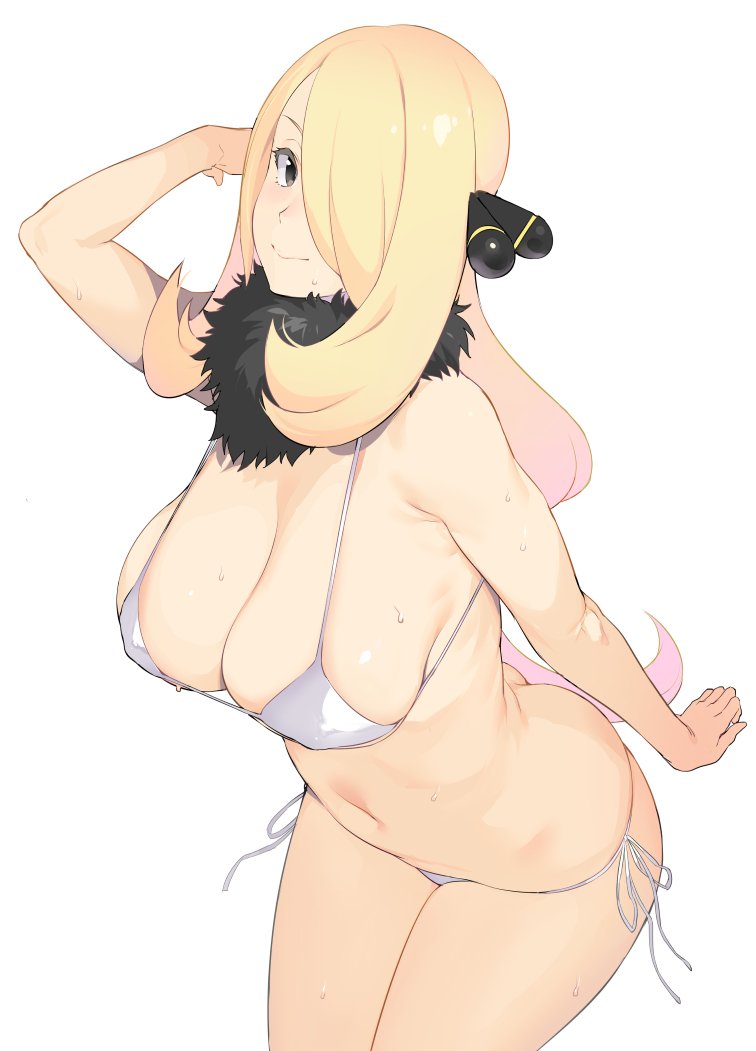 1girls, alternate breast size, armpits, blonde hair, breasts, cynthia (pokemon), eye contact, female, fur collar, hair over one eye, iku (ikuchan kaoru), long hair, partially colored, pokemon, pokemon dppt, thick thighs, white background, wide hips