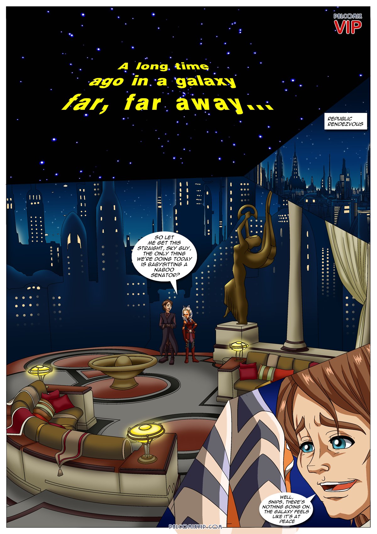 1boy 1boy1girl 1girls ahsoka_tano alien alien_girl anakin_skywalker balcony bbmbbf blue_eyes clone_wars clothed clothing comic coruscant dialogue english_text female jedi jedi_padawan male night orange_skin padme_amidala's_apartment palcomixvip.com shiraya_(statue) speech_bubble star_wars text the_clone_wars:_season_four togruta veranda