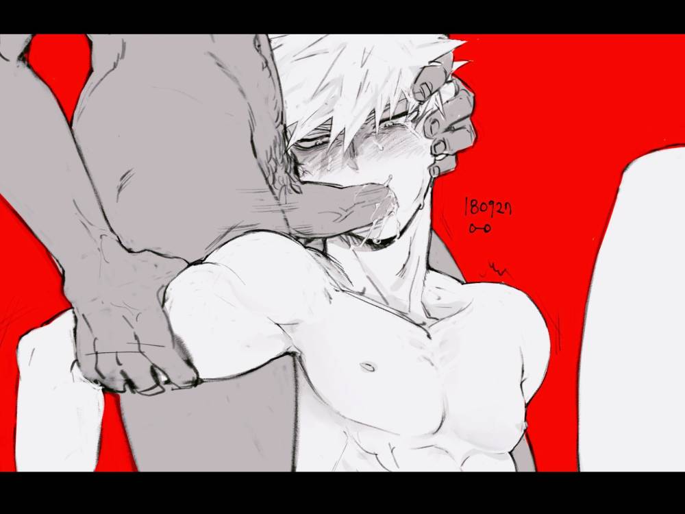 close-up, fellatio, gay, gay male, head grab, katsuki bakugou, letterboxed, male, megane o o, my hero academia, nude, oral, red background, sex, sketch, yaoi