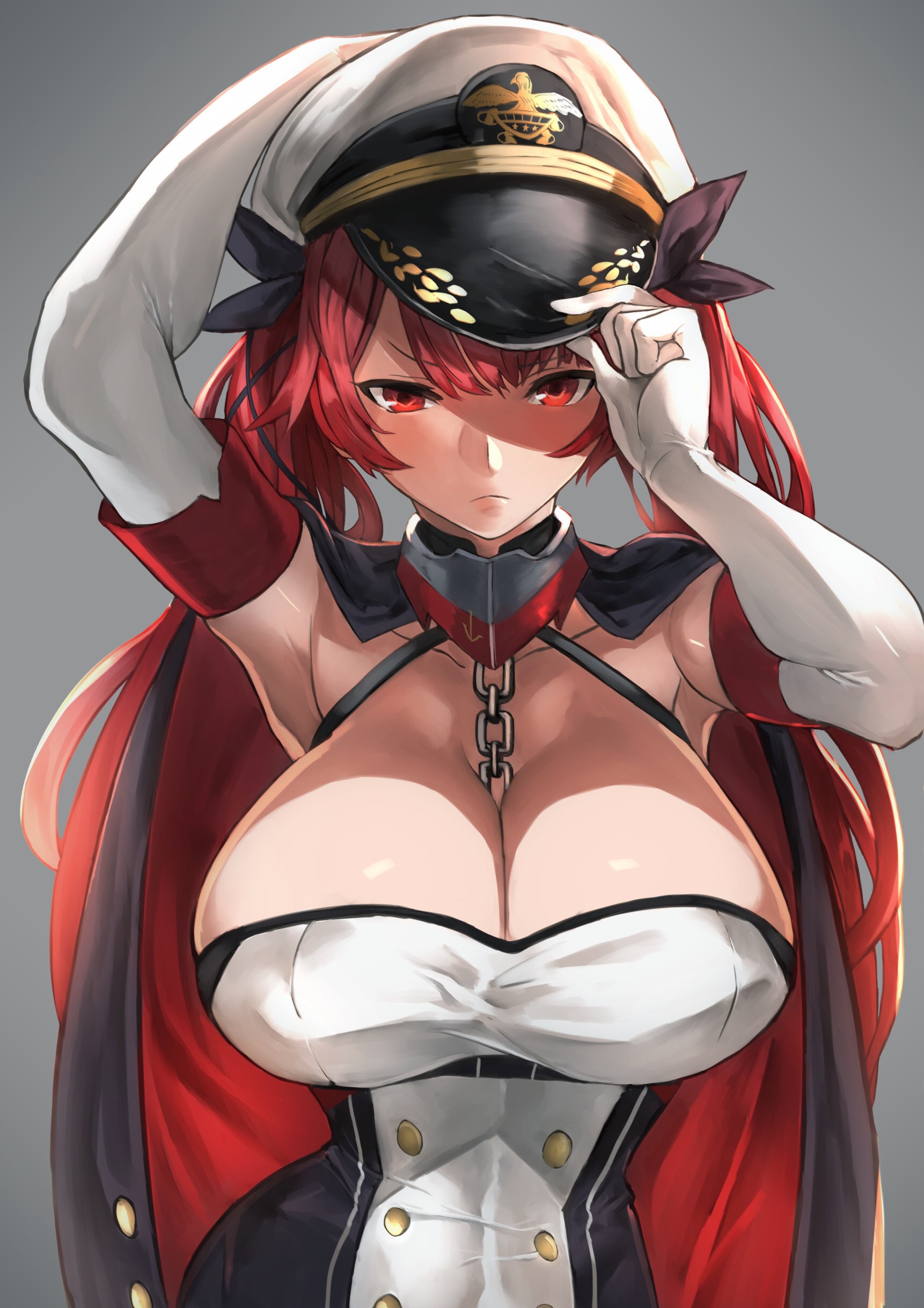 azur lane, breasts, cleavage, female, honolulu (azur lane), huge breasts, long hair, military uniform, red hair, serious
