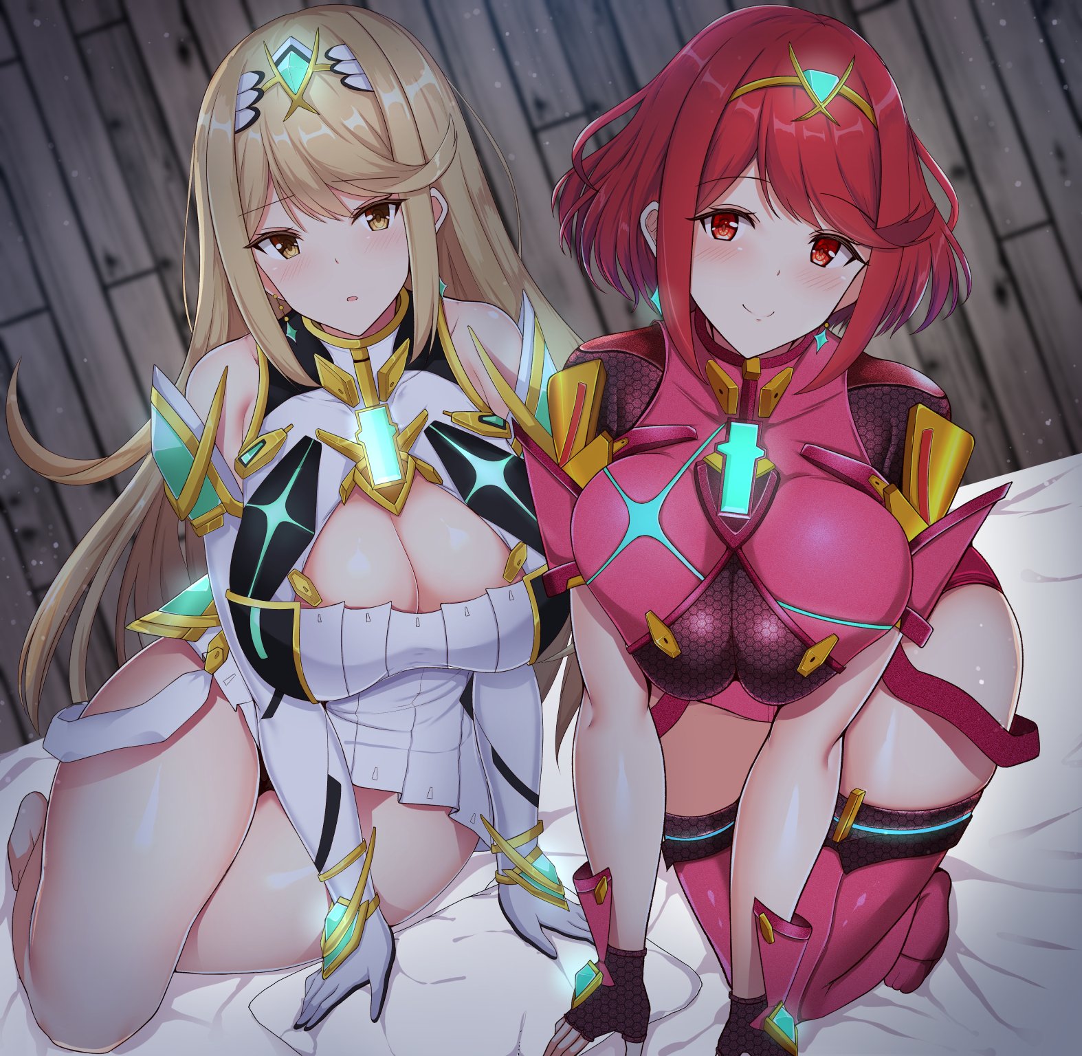 2girls, bangs, blonde hair, blush, breasts, cleavage, cleavage cutout, dress, earrings, elbow gloves, female, female only, fingerless gloves, gloves, hair ornament, huge breasts, jewelry, long hair, looking at viewer, multiple females, multiple girls, mythra, nintendo, noeomi, on bed, pyra, red eyes, red hair, short hair, swept bangs, thighs, xenoblade (series), xenoblade chronicles 2, yellow eyes