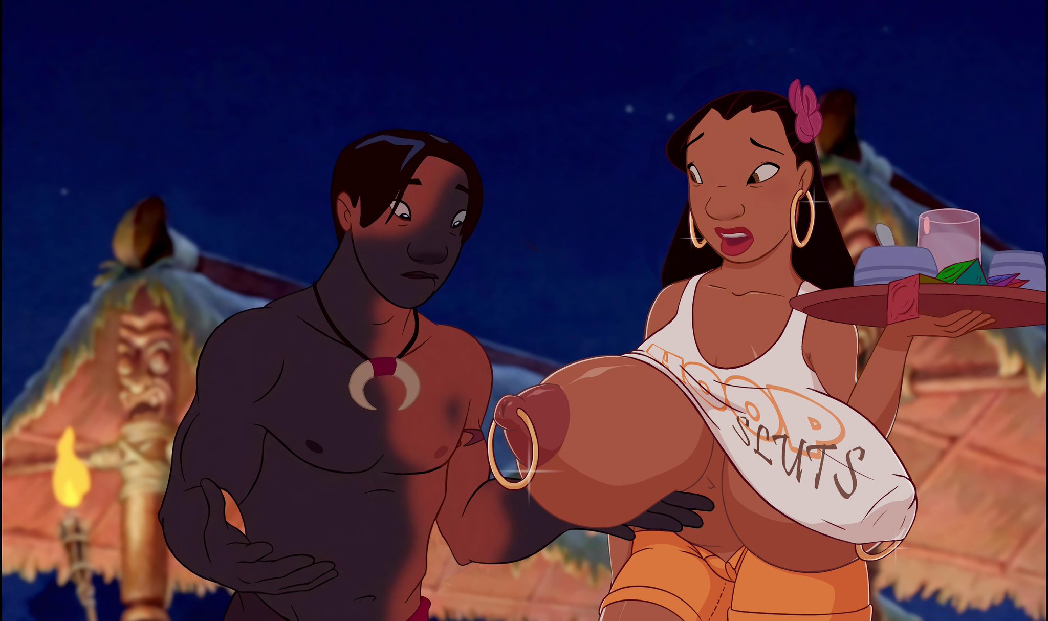 1boy, 1girls, accurate art style, alternate breast size, areolae, arm tattoo, big nipples, black hair, breast grab, breast hold, breasts, brown eyes, canon couple, clothed male nude female, clothes, clothing, condom, condom packet strip, crop top, dark skin, dark-skinned female, dark-skinned male, david kawena, disney, edit, eyebrows, female, fire, flower in hair, gigantic breasts, gigantic nipples, glass, holding, holding breast, hoop earrings, huge breasts, human, hyper breasts, lilo and stitch, lipstick, long breasts, looking at breasts, male, mesmerized, monkeyman (artist), nani pelekai, necklace, night, nipple piercing, nipple rings, nipples, outdoors, outside, pants, piercing, plate, public nudity, puffy nipples, pussy, sagging breasts, screenshot, screenshot edit, shiny skin, shorts, tank top, tattoo, topless, underboob, waitress
