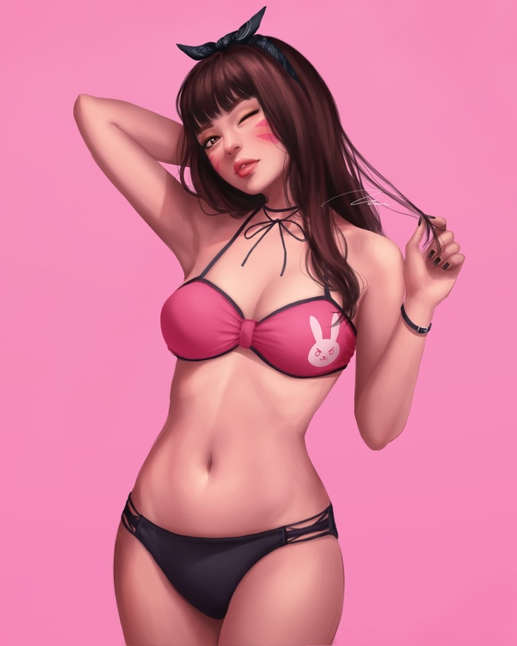 1girls, bikini, bow, breasts, brown eyes, brown hair, cleavage, closed eye, curvy, d.va, female, female only, midriff, overwatch, pink background, pinup, solo, thick, umigraphics, umitaro, video games, wide hips, wink