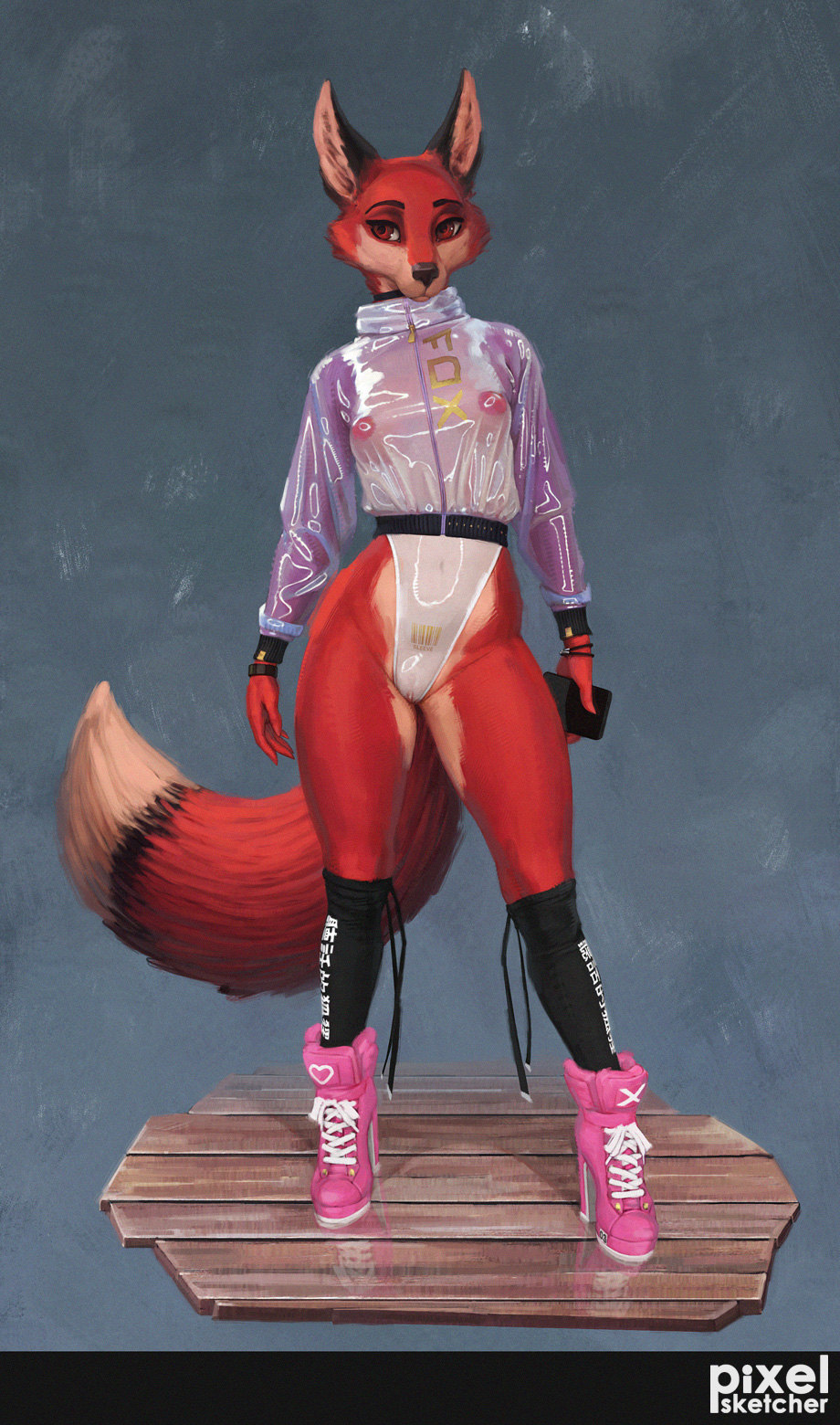 anthro black_nose breasts canid canine clothed clothing dipstick_tail female footwear fox fur heart hi_res high_heels holding_object mammal multicolored_tail nipples original paprika_(pixelsketcher) pixelsketcher pussy red_eyes red_fox red_fur shoes solo standing translucent translucent_clothing wood_floor