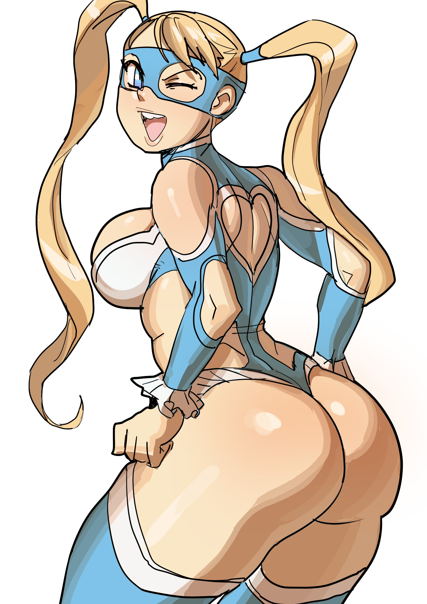 ;), ;d, :), :d, 1girls, arched back, ass, big breasts, blonde hair, blue eyes, breasts, deviantart, female, large ass, leotard, looking at viewer, looking back, maniacpaint, mask, one eye closed, open mouth, presenting hindquarters, rainbow mika, sideboob, simple background, solo, street fighter, street fighter v, teeth, thighhighs, thighs, tongue, twintails, white background, wink