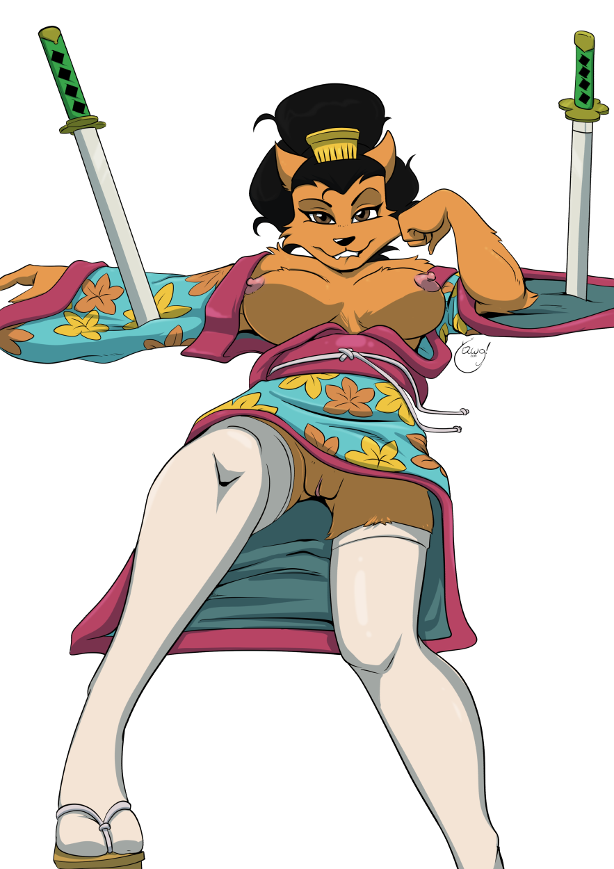 alpha_channel anthro bite biting_lip biting_own_lip black_hair breasts canid canine clothing female fox fur hair hi_res kimono legwear mammal melee_weapon mostly_nude nipples orange_fur self_bite simple_background solo sword thigh_highs transparent_background upskirt usagi_yojimbo weapon yawg