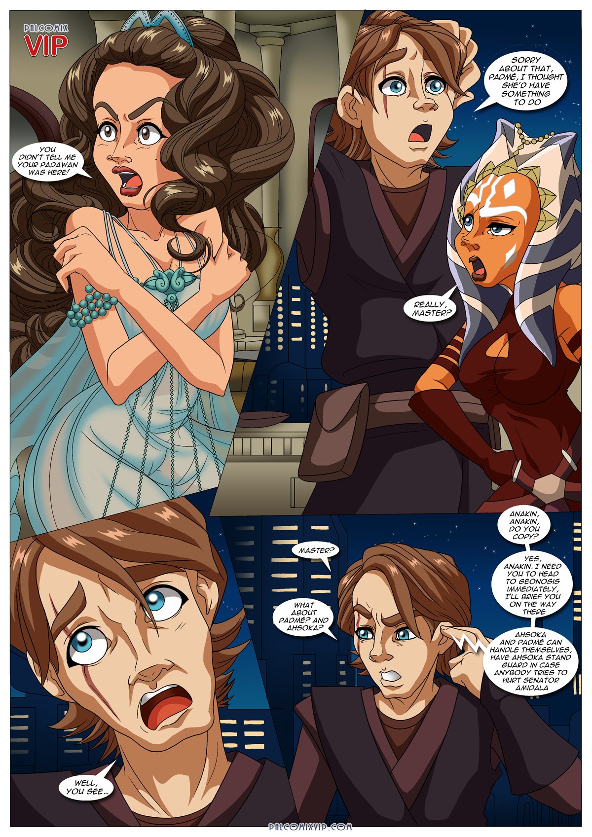 1boy 2girls ahsoka_tano alien alien_girl anakin_skywalker balcony bbmbbf canon_couple clone_wars comic coruscant english_text female husband husband_and_wife jedi jedi_padawan light-skinned_male light_skin lips male master_and_student milf multiple_girls night nightgown orange_skin padme_amidala padme_amidala's_apartment palcomixvip.com see-through_clothing speech_bubble star_wars text the_clone_wars:_season_four togruta veranda wife