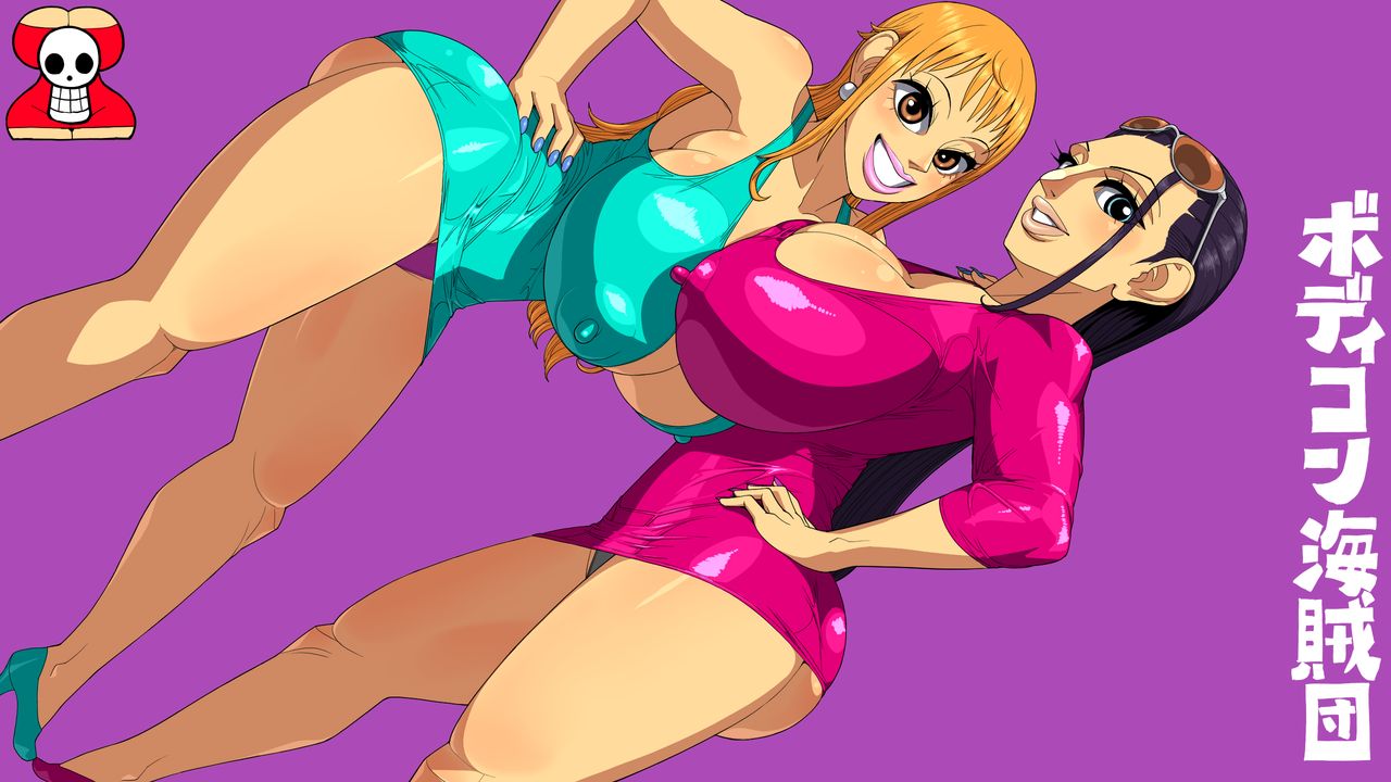 2girls, alternate version available, ass, bimbo, blue eyes, breasts, cameltoe, cleavage, curvy, erect nipples, female, female only, gigantic breasts, high heels, hori hiraki, huge areolae, huge ass, japanese text, nami (one piece), nico robin, nipples, one piece, orange hair, post-timeskip, puffy nipples, pussy, red hair, text, thick lips, voluptuous, wide hips