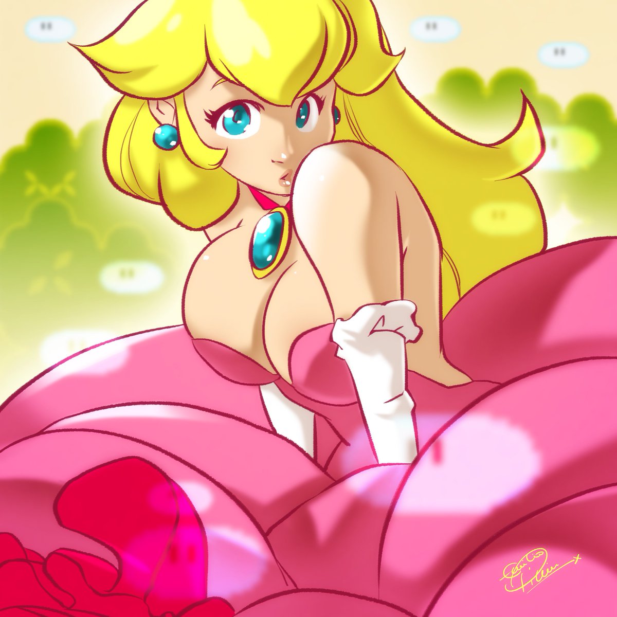 1girls, alternate breast size, artist request, blonde hair, blue eyes, breasts, cleavage, clothed, curvy, detailed background, dress, eye contact, female, female only, gloves, large breasts, long hair, looking at viewer, mario (series), nintendo, outdoors, princess, princess peach, source request, super mario bros., thick