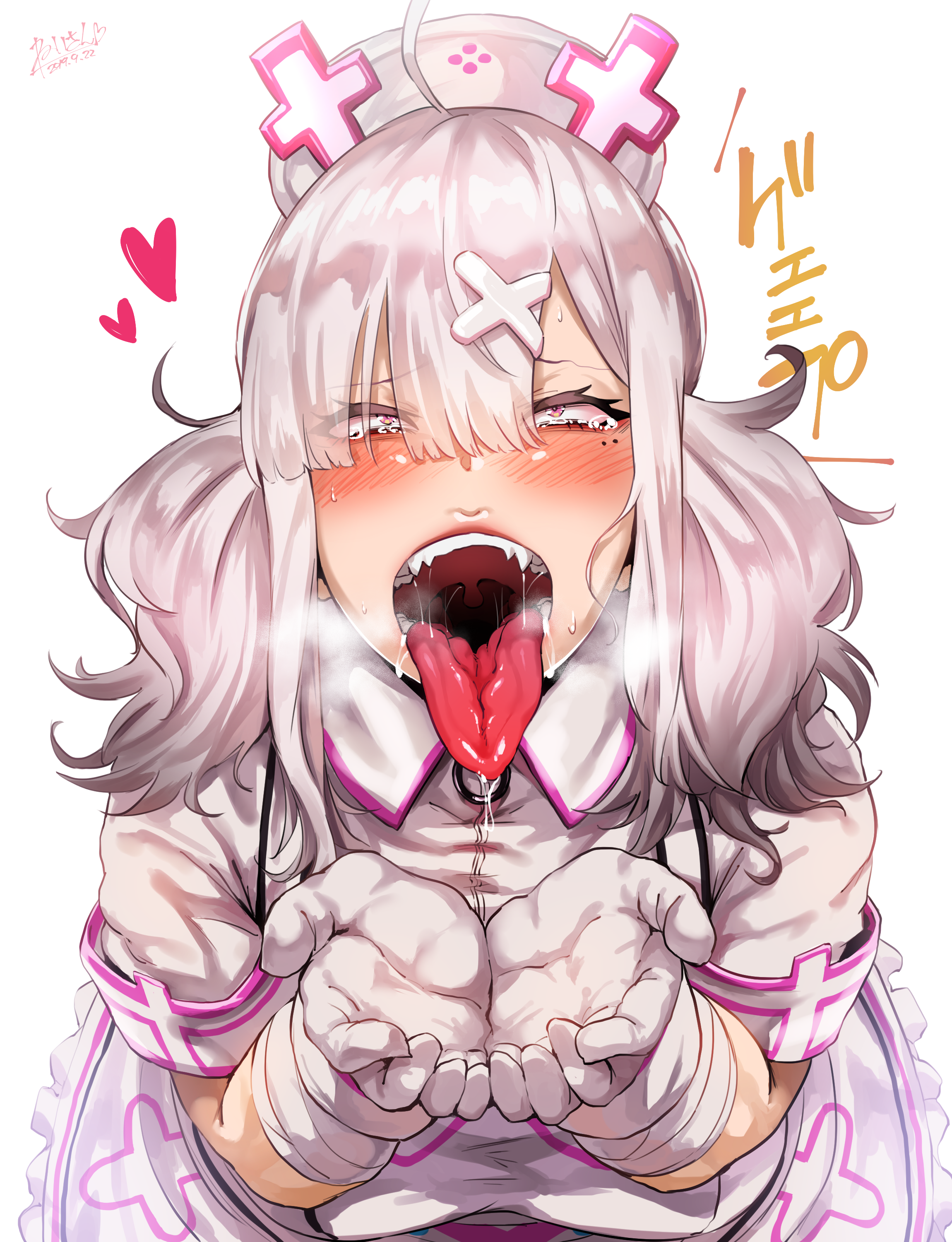 ahoge, artist name, belch, belching, blush, breath, burp, burp fetish, burping, cupping hands, dated, drooling, fangs, female, gloves, hair between eyes, hair ornament, hair over one eye, hat, heart, hero neisan, high resolution, kibito high school uniform, looking at viewer, mole, mole under eye, nijisanji, nurse, nurse cap, pink eyes, rolling eyes, saliva, saliva trail, school uniform, silver hair, simple background, solo, sukoya kana, sweat, tears, teeth, tied hair, tongue, tongue out, twintails, uvula, very high resolution, virtual youtuber, white, white background