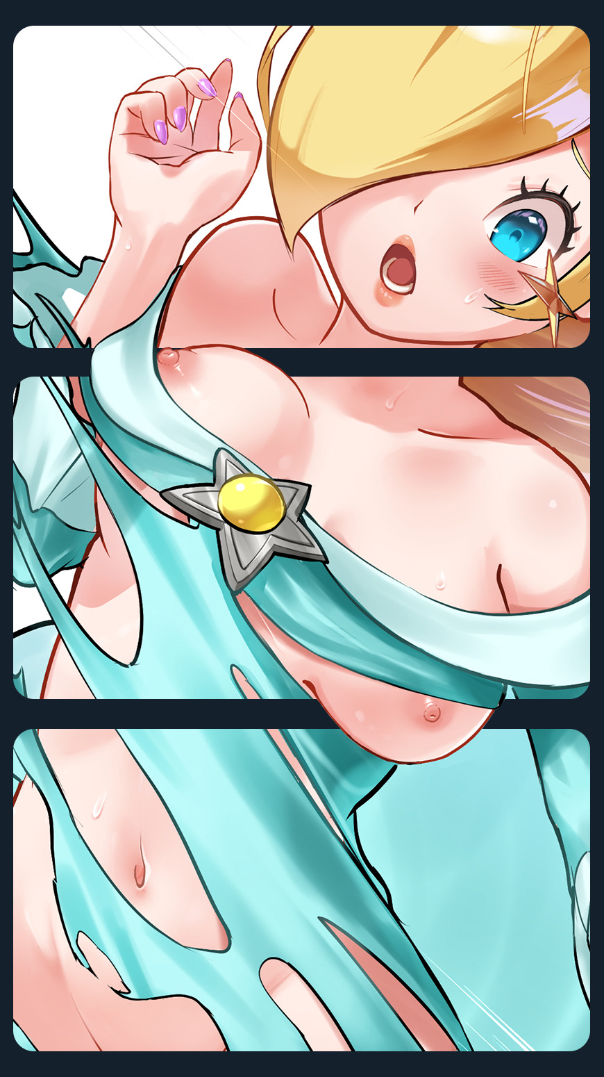 1girls, bare shoulders, barely clothed, blonde hair, blue eyes, blush, breasts, breasts out, cleavage, crown, dress, earrings, female, female only, hair over one eye, jewelry, kurere1202, long hair, mario (series), mario party, medium breasts, navel, nintendo, nipple slip, nipples, nipples outside, nipples visible through clothing, open mouth, pink nipples, pinup, princess rosalina, ripped clothing, ripped pants, ripping clothing, sexy, tagme, tearing clothes, thick legs, thick thighs, thunder thighs, thunderthighs, tits out, torn clothes, torn clothing, torn dress, variant, variant set, wardrobe malfunction, wide hips, wide thighs