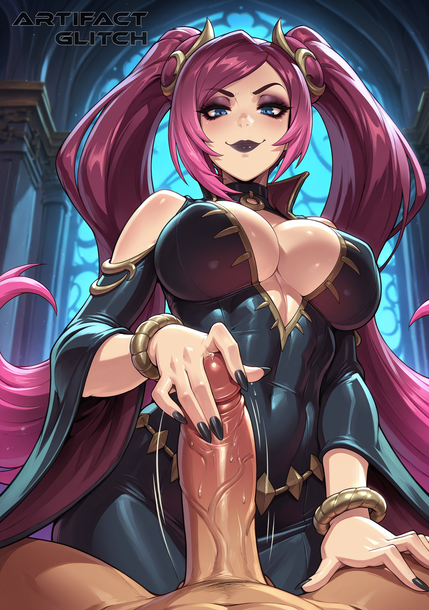1boy1girl, 1girls, abs, ai generated, artifactglitch, big breasts, big penis, black dress, blue eyes, boner, chocker, cleavage, cleavage cutout, dress, erection, hair ornament, hand on penis, handjob, hips wider than shoulders, league of legends, lipstick, long hair, makeup, nipples, nipples visible through clothing, pentakill iii: lost chapter, pentakill iii: lost chapter sona, pleased expression, precum, purple hair, riot games, shoulders, smiling, sona buvelle, thick ass, thick thighs, twintails, veiny penis, watermark
