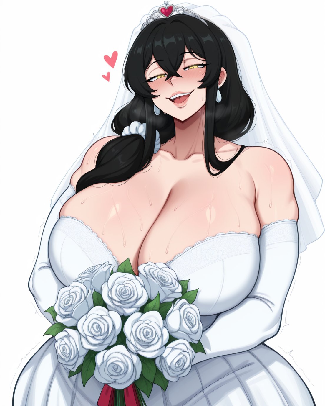 1girls, 2025, ai generated, big breasts, black hair, blush, cleavage, dress, earrings, el memc, female, female only, horny, horny female, huge breasts, hyper breasts, imminent sex, looking at viewer, looking down, memch0, milf, mommy, mother, musk, musk clouds, oc, original, original character, soledad (memch0), sweat, sweatdrop, sweating, sweaty, tight dress, veil, wedding dress, white rose, yellow eyes