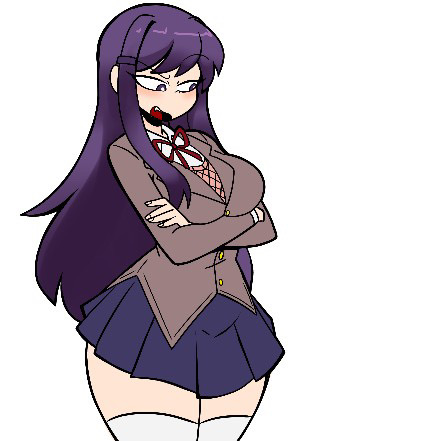 1girls, annoyed, annoyed expression, arms crossed, bangs, big breasts, breasts, brown eyes, doki doki literature club, eyebrow raise, female, female only, fully clothed, hourglass figure, liamvickers 98, long hair, miniskirt, open mouth, purple hair, schoolgirl, schoolgirl uniform, sfw, thick thighs, thighhighs, white background, wide hips, yuri (doki doki literature club)