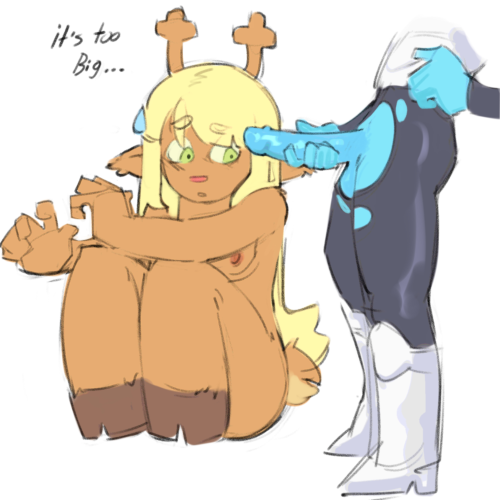 1girls, 1nonbinary, anthro, big penis, cadmio, cock shock, deer, deltarune, fanart, female, kris (deltarune), noelle holiday, nonbinary, nonbinary/female, penis, text, too big, too big (phrase), torn clothes, uncensored, worried