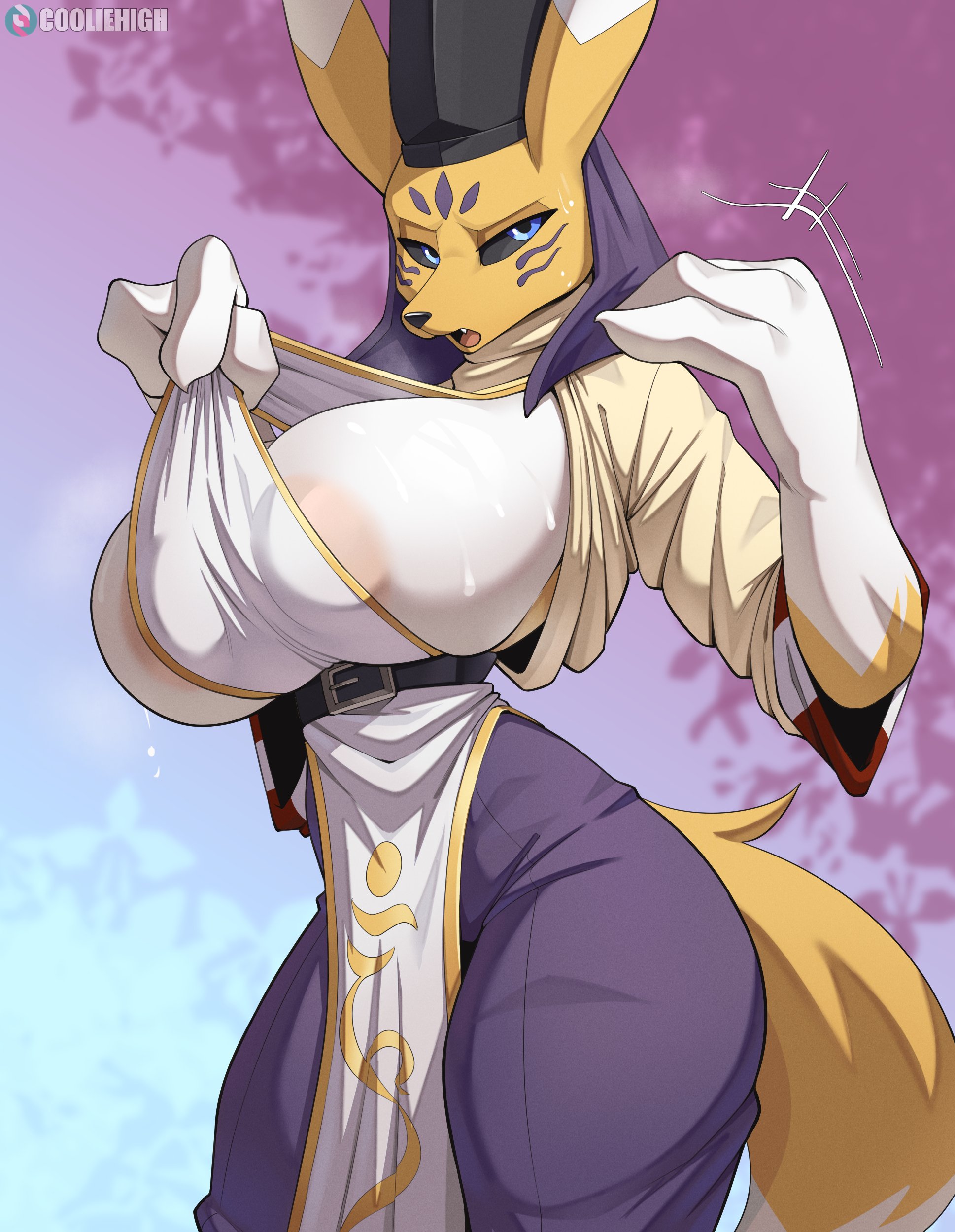 2d, 2d (artwork), 2d artwork, areolae, bandai namco, cooliehigh, curvaceous, curvaceous female, curvaceous figure, curves, curvy, curvy body, curvy female, curvy figure, curvy hips, digimon, fox, renamon, solo, taomon, two-tone body, two-tone fur, yellow body, yellow fur, yellow skin
