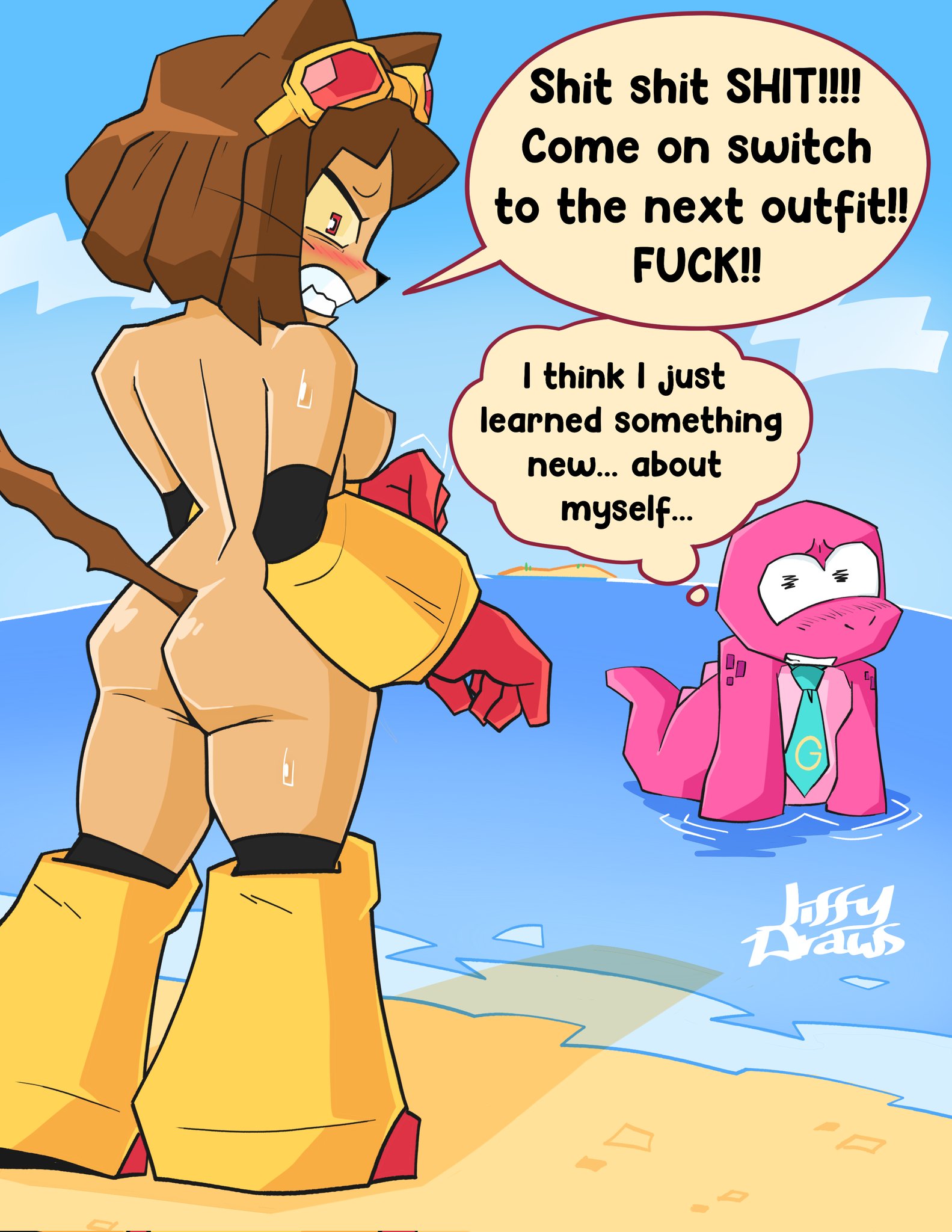 1boy, 1girls, 2026, 2d, 2d (artwork), anthro, areolae, artist signature, ass, back view, beach, blue sky, blush, blush lines, breasts, brown body, brown hair, brown skin, brown-haired female, brown-skinned female, cat ears, cat girl, cat humanoid, cat tail, catgirl, clouds, color, colored, dialogue, digital drawing (artwork), digital media (artwork), dinosaur, disappearing clothes, embarrassed, embarrassed naked female, embarrassed nude female, enf, english text, feline, feline humanoid, female, gameoverse, glitch productions, gobbles (gameoverse), goggles, goggles on head, humanoid, jiffydraws, kit (gameoverse), mostly nude, naked, naked female, necktie, nipple, nude, nude female, ocean, prehistoric species, reptile, reptile humanoid, speech bubble, standing, suddenly naked, text, thought bubble