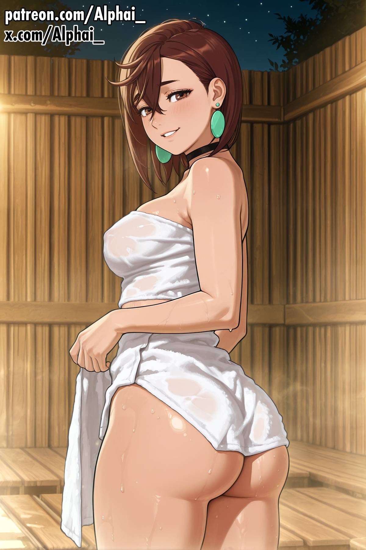 2025, 2026, absurd res, absurdres, ai generated, alphai, asymmetrical bangs, ayase momo, big ass, big butt, blush, blush lines, breasts, brown hair, choker, cinematic lighting, colorful background, covered nipples, dandadan, depth of field, detailed background, detailed hair, detailed skin, dramatic shadows, earrings, female, female only, front view, hair between eyes, heart, high quality, high resolution, highres, jewelry, looking at viewer, looking back, medium breasts, medium hair, midriff, naughty face, night time, outdoors, parted lips, particles, pool, raised eyebrows, red eyes, sauna, semirealistic, short hair, skindentation, solo, stars, thick thighs, thighs, towel wrap, volumetric lighting, wide hips