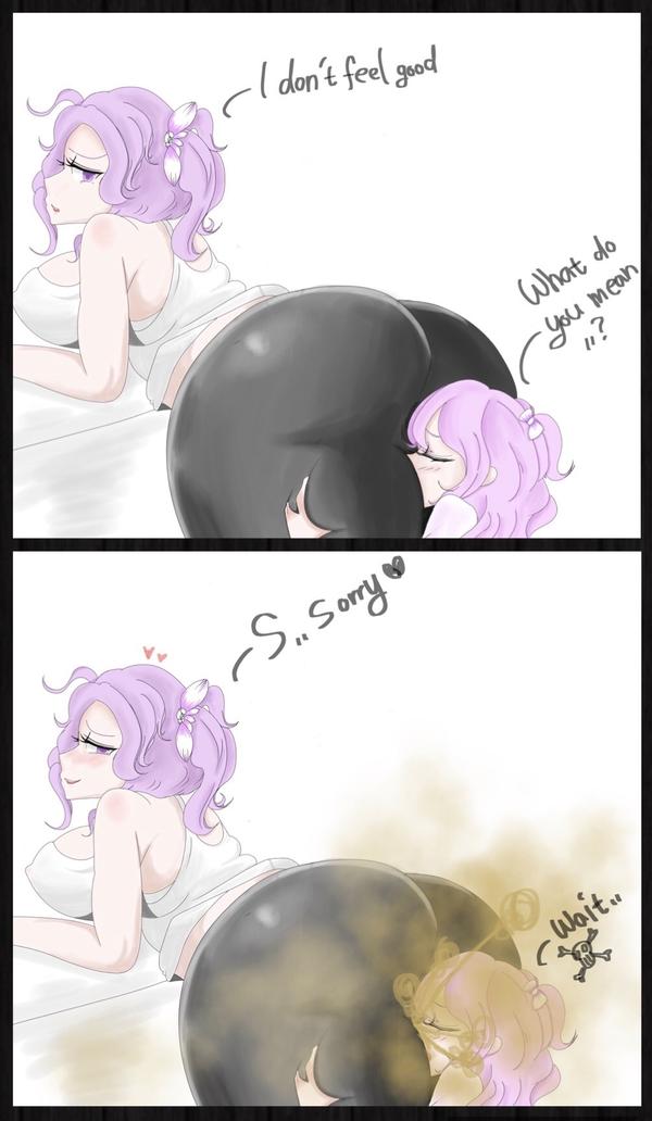 2girls, ass, ass grab, blue eyes, blue hair, blush, breasts, face in ass, fart, fart cloud, fat ass, female, happy, heart, skull, thick, thick thighs