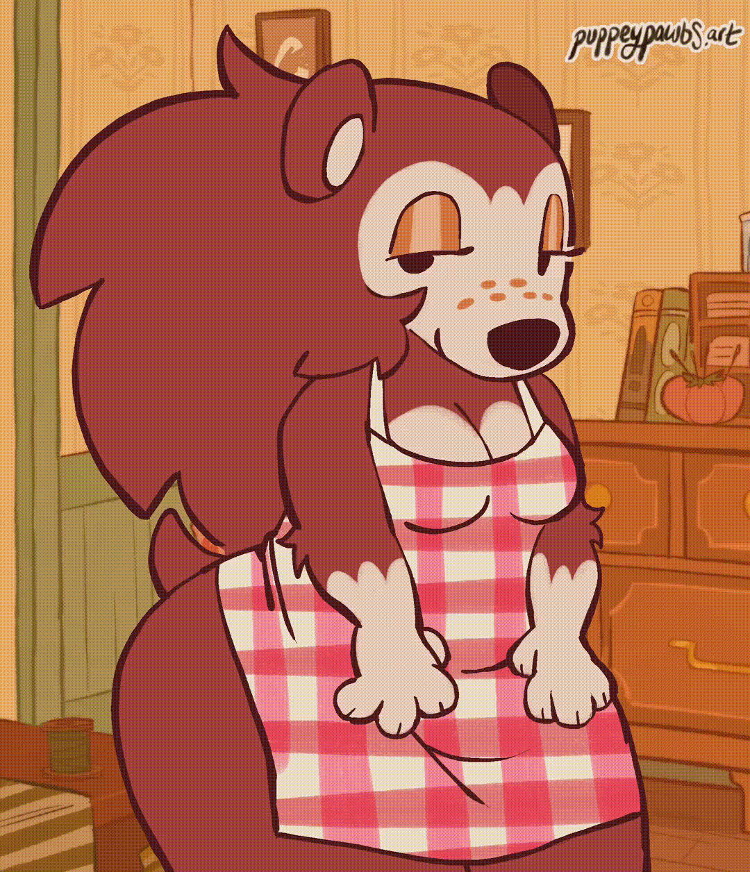 1girls, animal crossing, animal humanoid, animated, anthro, anthro only, apron, apron lift, apron only, female, flashing, flashing pussy, furry, furry female, furry only, hedgehog, hedgehog girl, lifting own clothes, nintendo, puppeypawbs, pussy, pussy flash, sable able, smile, smiling, solo, solo anthro, solo female, tagme