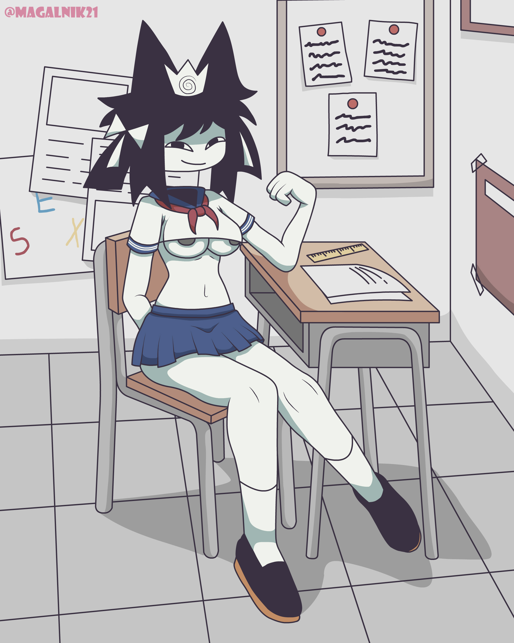 1girls, black hair, classroom, clothed, fundamental paper education, lizzy (fundamental paper education), looking at viewer, magalnik, school uniform, self upload, skirt, smiling, socks, tagme