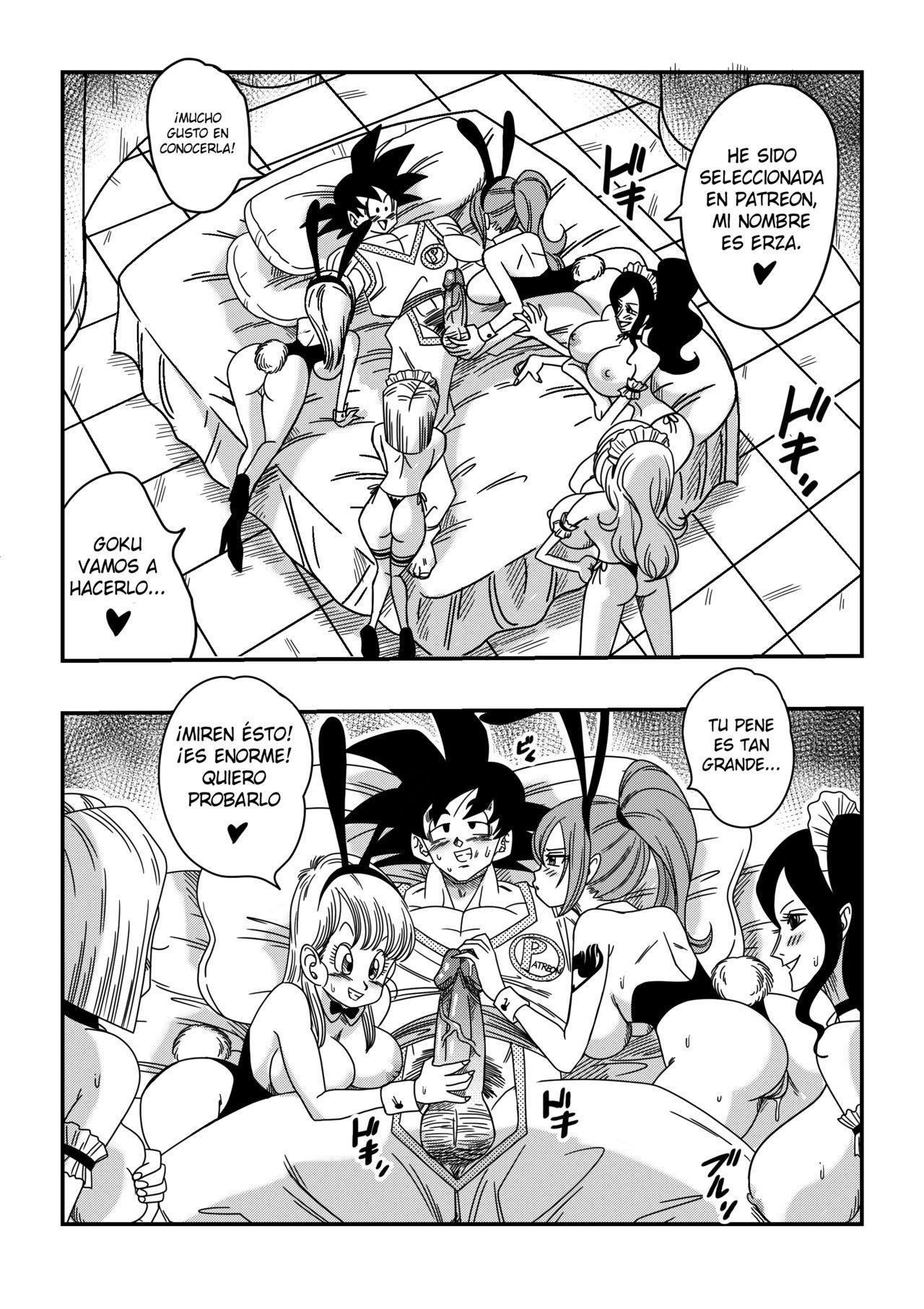 1boy, 5girls, android 18, breasts, bulma briefs, bunnysuit, comic, crossover, dragon ball, dragon ball super, erza scarlet, fairy tail, female, male, nami (one piece), nico robin, one piece, orgy, penis, son goku, spanish text, text