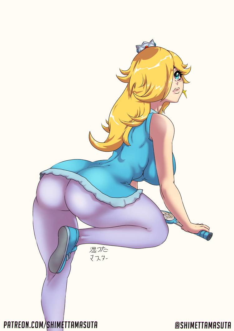 1girls, alternate breast size, ass, bare shoulders, bent over, big ass, bimbo, blonde hair, blue eyes, blush, breasts, clothing, crown, curvaceous, curvy, deviantart, dress, earrings, eye contact, eyelashes, female, female only, hair over one eye, huge ass, huge breasts, human, japanese text, large ass, leg up, leggings, long hair, looking at viewer, looking back, mario (series), mario tennis, nintendo, patreon, pose, princess rosalina, princess rosalina (tennis), shimetta masuta, shoes, signature, skirt, sneakers, standing, tennis racket, text, thick thighs, thigh gap, url, video games, watermark, white background, wide hips