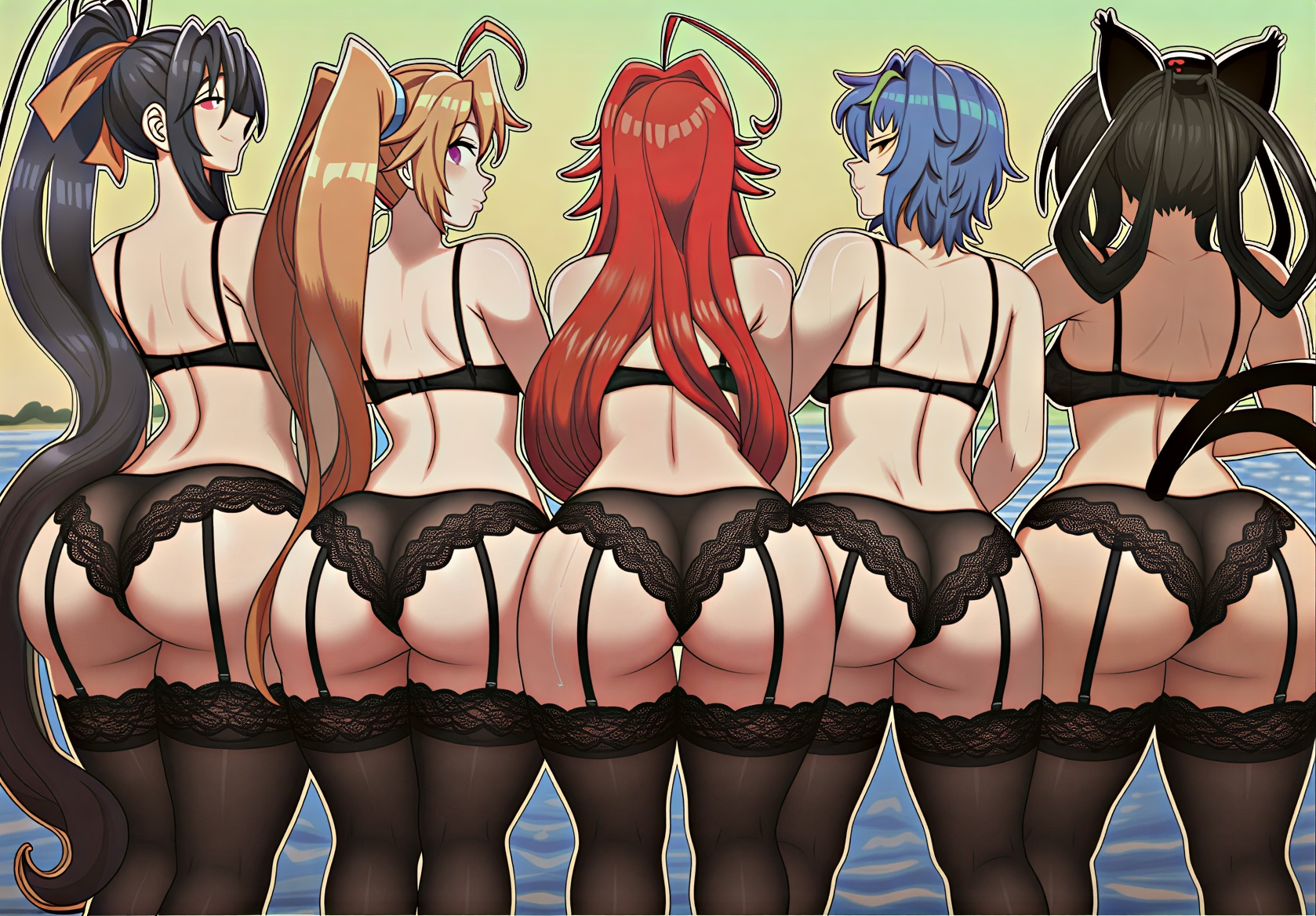 5girls, ai generated, akeno himejima, ass, ass chart, ass focus, beach, big ass, big breasts, black bra, black hair, black panties, black stockings, blue hair, blush, bra, breasts, brown hair, cat ears, cat girl, cat tail, facing away, female, female only, hair ornament, high school dxd, huge ass, huge breasts, imminent sex, kuroka (high school dxd), lace bra, lace panties, lace stockings, light-skinned female, medium breasts, multiple girls, nekomata, ocean, panties, perfect ass, perfect body, perfect boobs, pink eyes, purple eyes, red hair, remake, remastered, rias gremory, shidou irina, standing, stockings, straizo0, sweat, take your pick, thick ass, two tails, vagina, voluptuous, xenovia quarta, yellow eyes