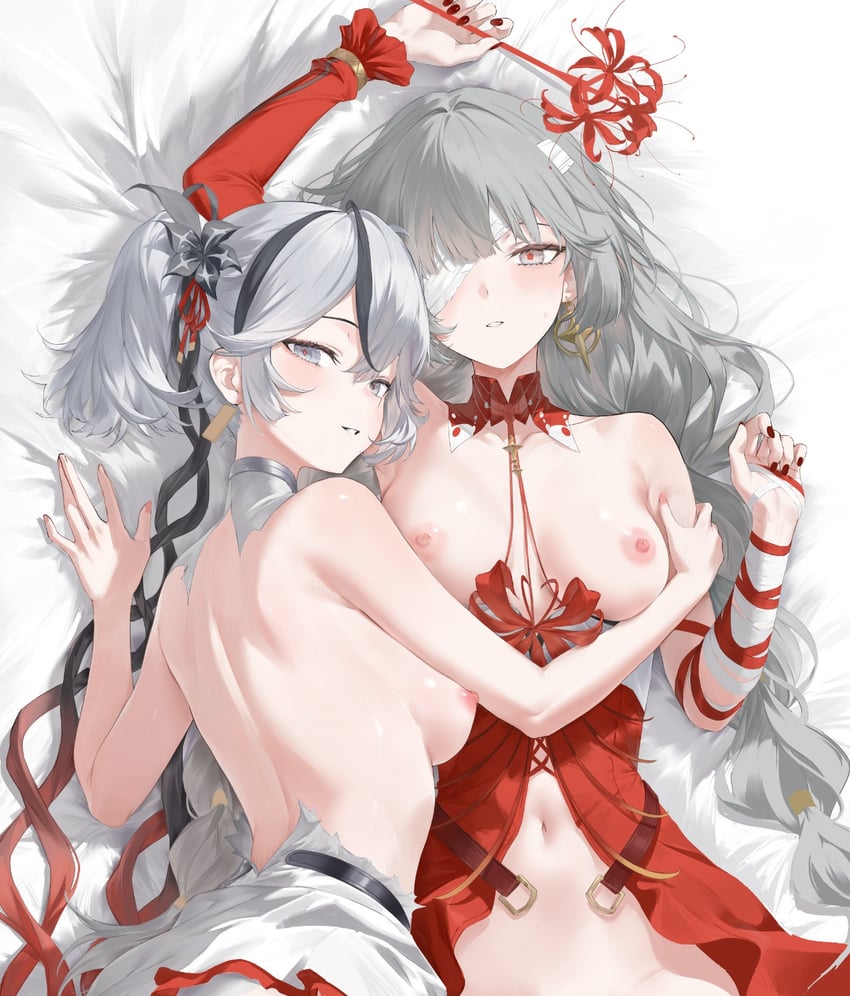 2girls, arm up, armwear, bandage over one eye, bandages, bare arms, bare back, bare breasts, bare midriff, bare shoulders, bare stomach, bare tummy, bed sheet, breasts, camellya (wuthering waves), collarbone, exposed back, exposed belly, exposed breasts, exposed stomach, female, female only, grey eyes, grey hair, hair ornament, hair ornaments, haku89, hugging, laying down, looking at viewer, medium breasts, midriff, navel, nipples, on bed, open dress, ornament, ornaments, phrolova (wuthering waves), red dress, red nails, ripped clothing, short hair, skinny waist, slender waist, slim waist, stomach, thin waist, upper body, white dress, white hair, wuthering waves