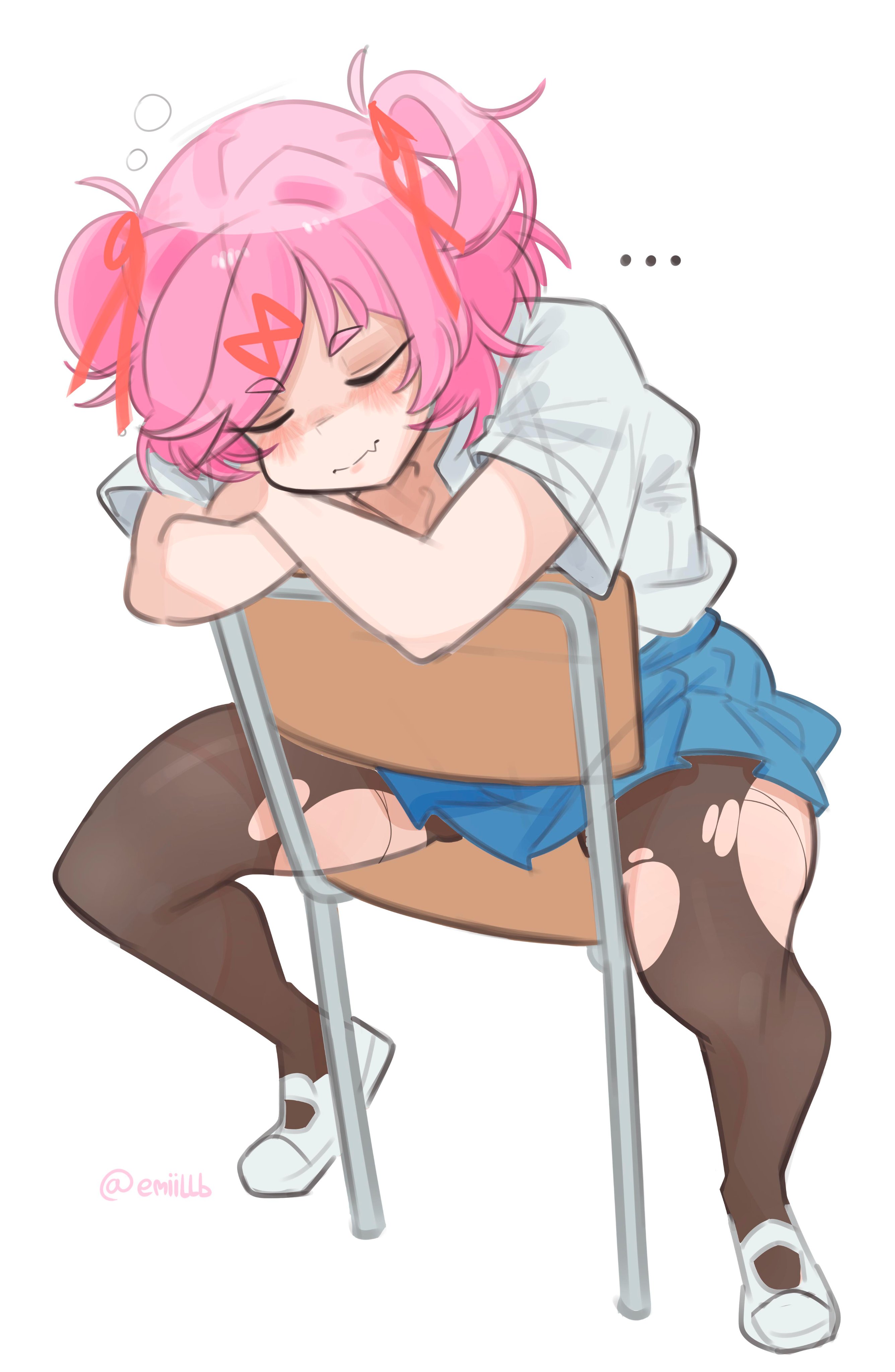 ..., 1girl, absurdres, artist name, blue skirt, blush, bob cut, chair, closed eyes, closed mouth, collared shirt, commentary, crossed arms, ddlc, doki doki literature club, doki doki literature club school uniform, dress shirt, emiillb, english commentary, fang, full body, hair ornament, hair ribbon, head down, head rest, highres, leaning forward, natsuki (doki doki literature club), on chair, pantyhose, pink hair, pleated skirt, red ribbon, ribbon, school chair, school uniform, shaded face, shirt, shoes, short hair, short sleeves, signature, simple background, sitting, sitting backwards, skin fang, skirt, sleeping, solo, spread legs, squeans, swept bangs, team salvato, torn clothes, torn pantyhose, twitter username, two side up, uwabaki, white background, white shirt, white shoes, x hair ornament