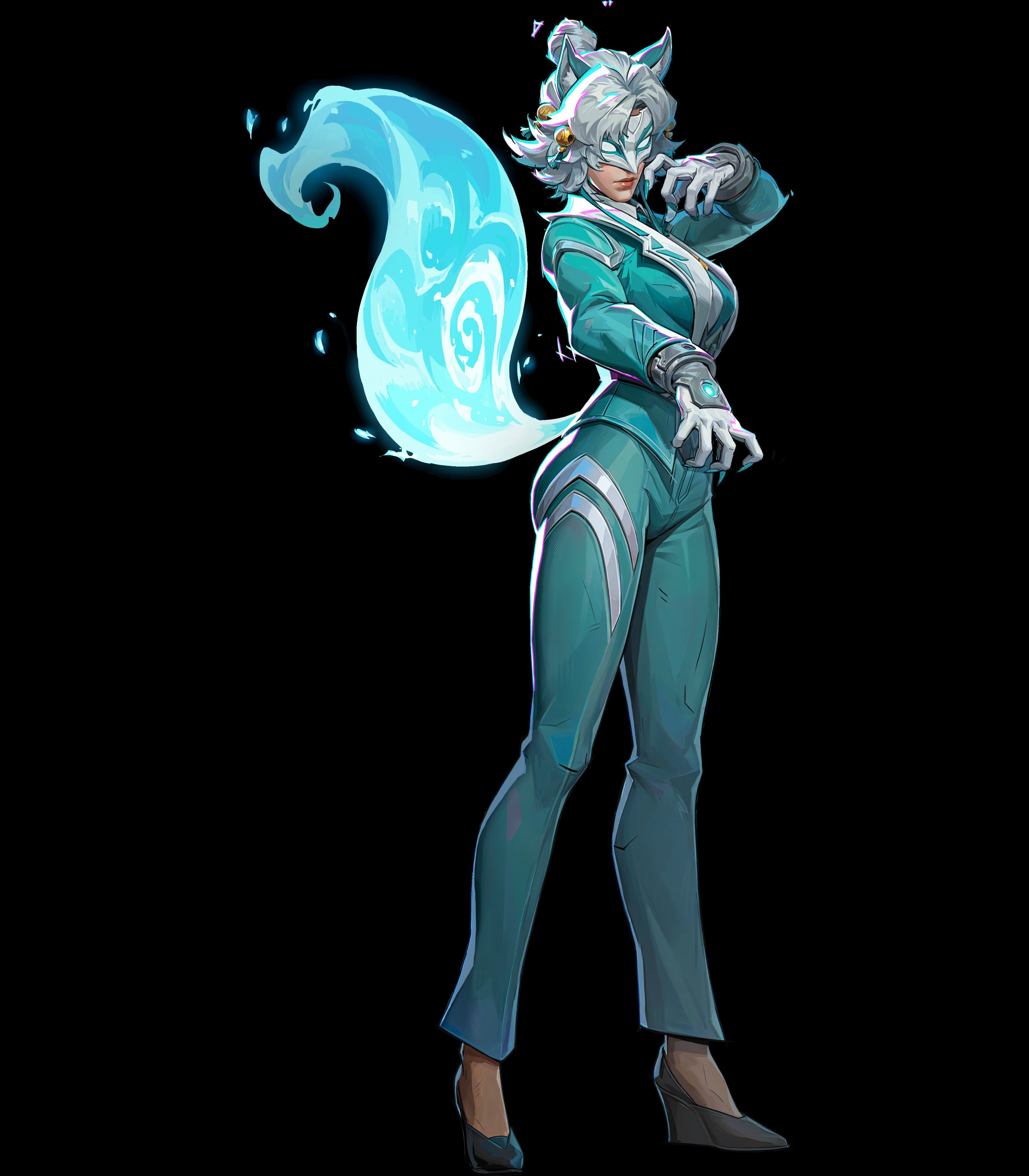 ami han, animal ears, bodysuit, busty female, chromatic aberration, green clothing, high heel boots, large ass, marvel, marvel comics, marvel rivals, masked female, official art, png, red lipstick, render, sharp nails, silver clothing, silver hair, two-tone bodysuit, white eyes, white fox (marvel rivals), white fox (marvel), white gloves