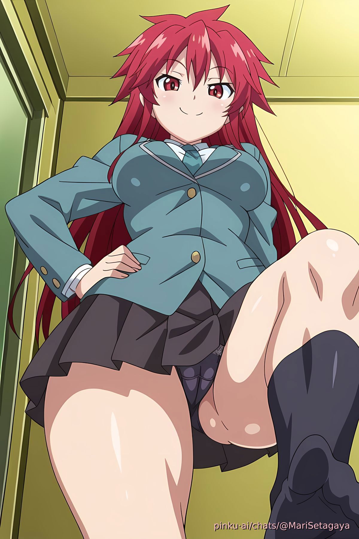 1girls, ai generated, anus, ass, blush, bottomless, breasts, brown skirt, bubble butt, cute fang, female, itadaki! seieki, legs up, long hair, low-angle view, panties, pinku.ai, pleated skirt, pointy ears, pussy, red eyes, red hair, school uniform, schoolgirl, setogaya mari, sexy, shirt, skirt, smile, smug, socks, solo focus, uniform, upskirt