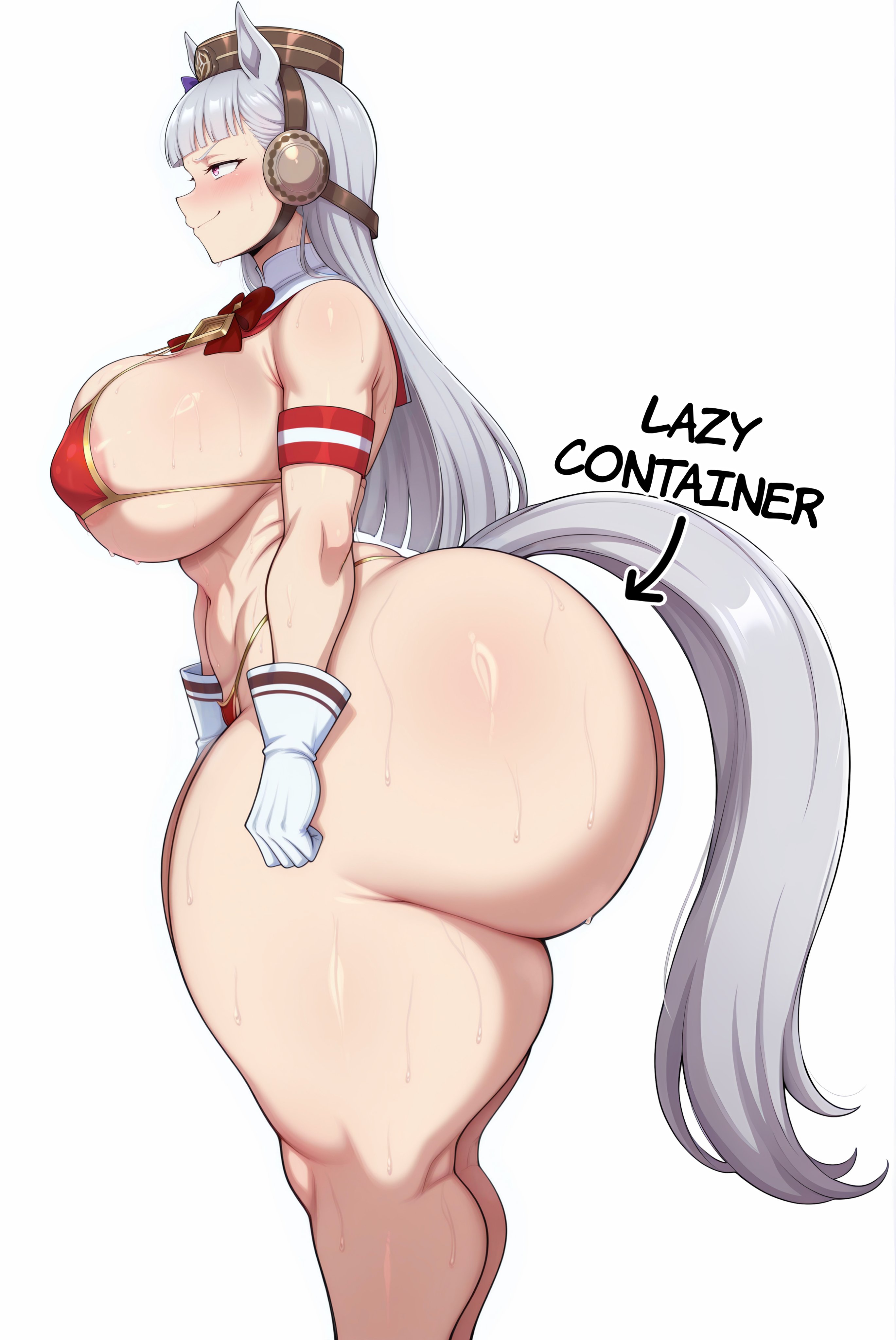 1girls, 2025, ai generated, areola slip, areolae, big ass, big breasts, bikini, blush, bubble butt, casual, casual exposure, casual nudity, child bearing hips, dat ass, dumptruck ass, el memc, evil container, fat ass, fat butt, female, female only, fuckable butt, gold ship (umamusume), grey hair, hat, heavy butt, horny, horny female, horse ears, horse girl, horse tail, huge ass, huge breasts, hyper breasts, looking away, looking pleasured, memch0, meme, musk, musk clouds, pink eyes, sweat, sweatdrop, sweating, sweaty, text, thick thighs, thunder thighs, umamusume, umamusume pretty derby