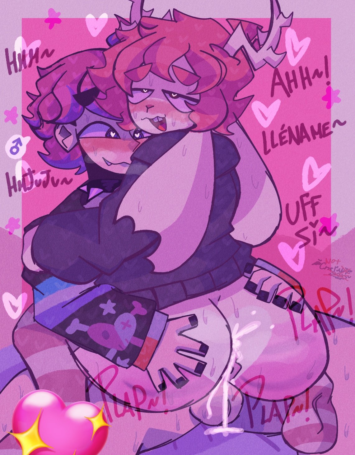2boys, balls, black nails, blush, blushing, buckteeth, bunny ears, cherubiesan, furry, fzst, gay, gay sex, heart-shaped pupils, holding ass, horns, jackalope, neneefthy, onomatopoeia, partially clothed, pink hair, rule 63, sex, spiked collar, sweat, sweating, swimsuit, testicles, vtuber