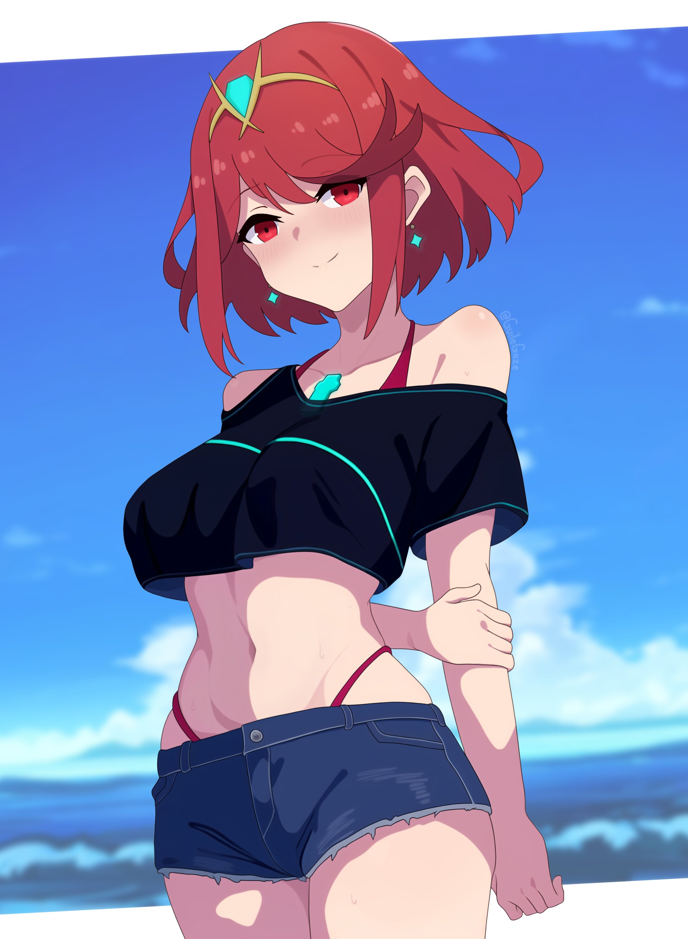 2d, beach, breasts, core crystal, guilegaze, light skin, looking at viewer, navel, nintendo, pyra, pyra (xenoblade), red eyes, red hair, xenoblade (series), xenoblade chronicles 2