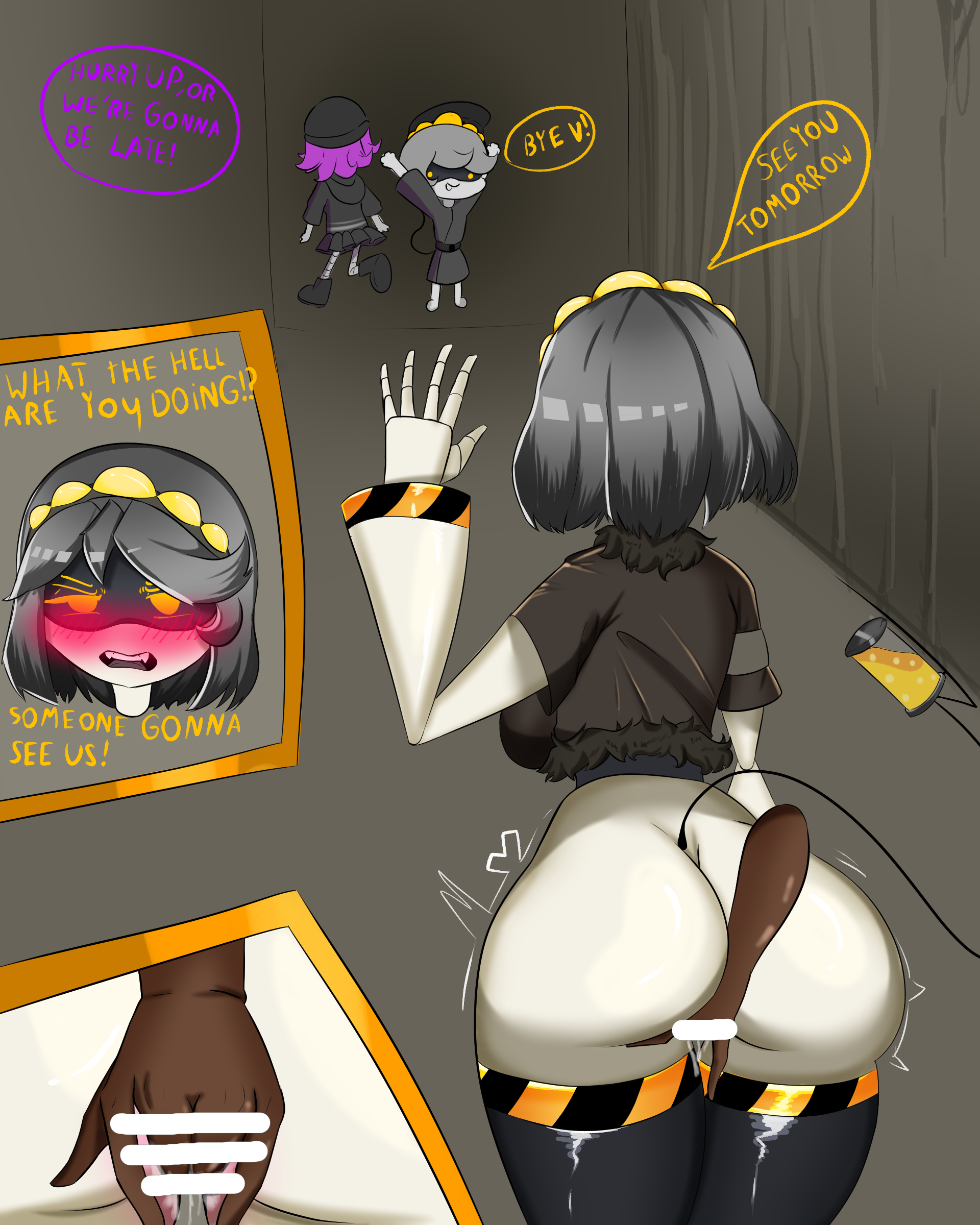 1girls, 2d, big ass, black body, blush, comic, comic page, dark-skinned male, female, fingering, glitch productions, human, jacket, large ass, murder drones, murder drones x humans, n (murder drones), pekkomi, robot, robot girl, robot humanoid, secret sex, straight, uzi (murder drones), v (murder drones), white hair, yellow eyes