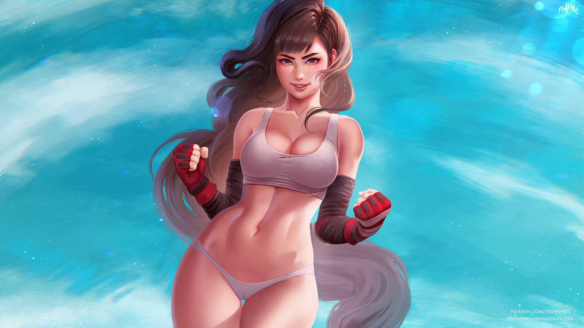 breasts, brown eyes, cameltoe, cleavage, curvy, dark hair, female, final fantasy, final fantasy vii, long hair, looking at viewer, midriff, panties, prywinko, pussy, thick, tifa lockhart, video games, wide hips