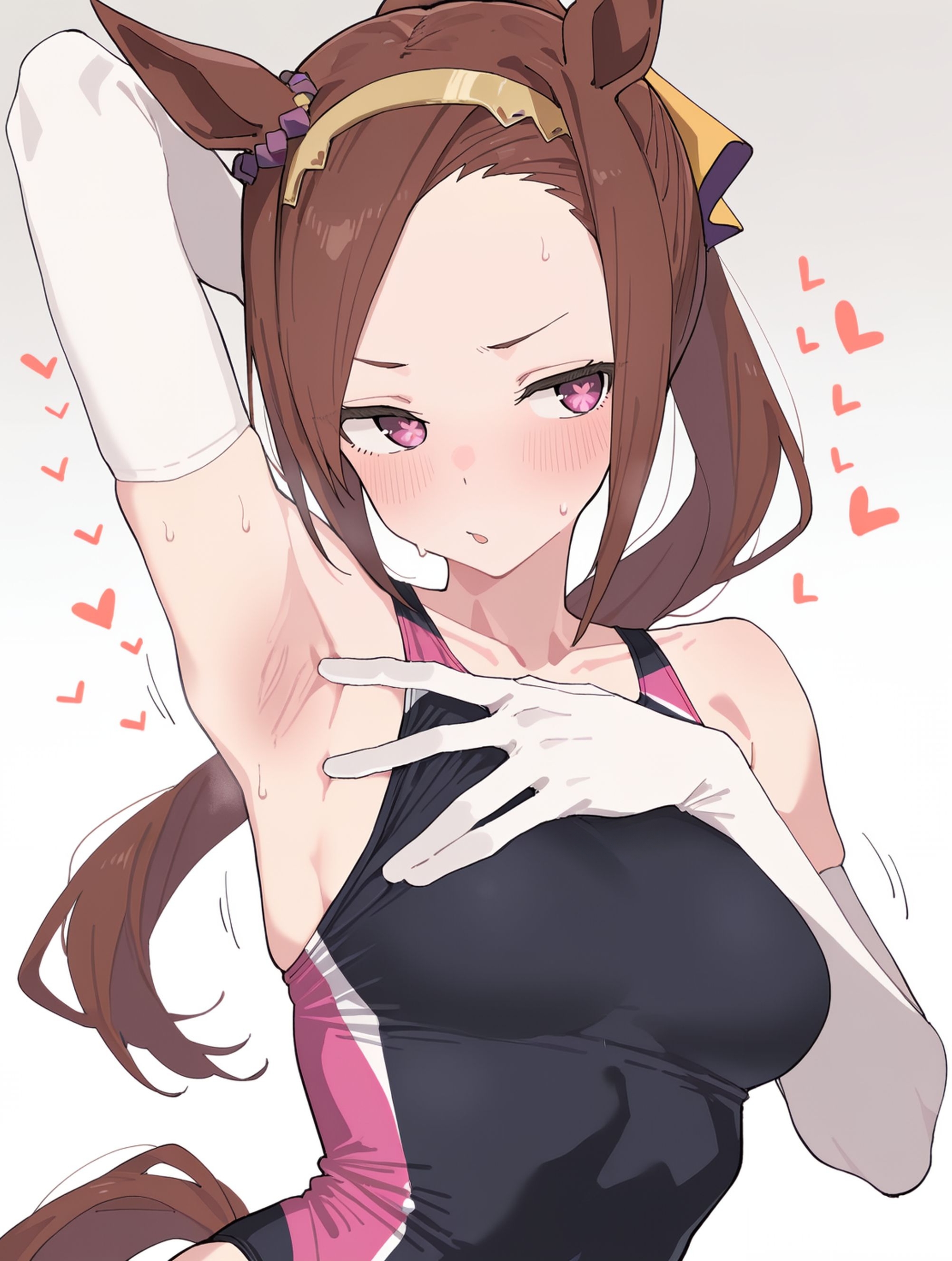 2d, ai generated, armpits, arms behind head, arms up, horns, horse girl, kawaiiroom 01, kemonomimi, sakura bakushin o (umamusume), sweat, swimsuit, umamusume, umamusume pretty derby, white gloves