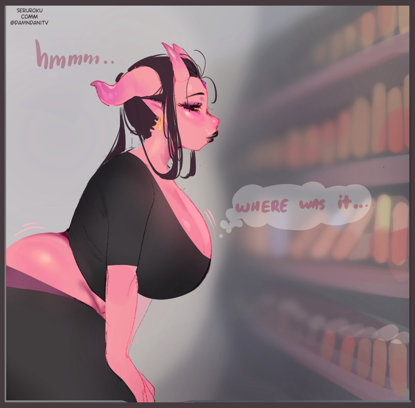 big breasts, clothed, damndani (vtuber), demon girl, earrings, horns, milf, panties visible, pink skin, seruroku, succubus, supermarket, tagme, underwear visible, virtual youtuber, vtuber