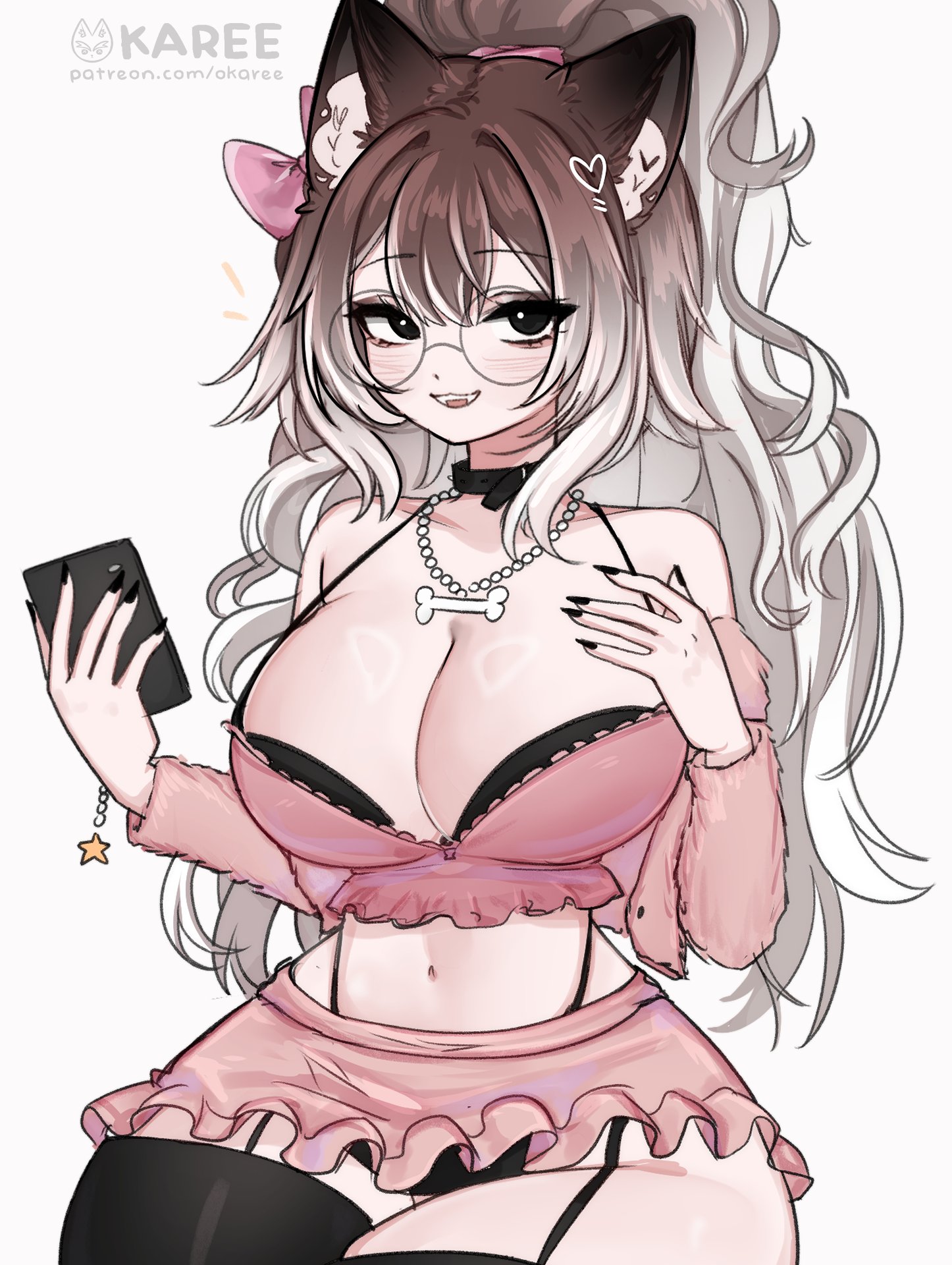 1girls, 2026, animal ears, big breasts, black bra, black hair, breasts, brown hair, canid humanoid, cleavage, clothed, clothing, collar, collarbone, color, colored, curvy, curvy female, curvy figure, cute, digital media (artwork), facial markings, female, female only, fully clothed, glasses, grey hair, hair, hi res, large breasts, looking at viewer, multicolored hair, oc, oka (okaree), okaree, open mouth, original, original character, simple background, solo, thick thighs, virtual youtuber, vtuber, white background, white hair, wolf ears, wolf girl, wolf humanoid, wolf tail