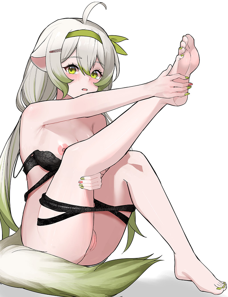 barefoot, breasts, feet, ferret ears, ferret girl, green eyes, green hair, hair ornament, hair ribbon, hairpin, indie virtual youtuber, laimu, legs, limealicious, lingerie, medium breasts, multicolored hair, nail polish, nipples, nude, pussy, studio poon, tail, thighs, tits, toenail polish, toes, twintails, virtual youtuber, vtuber, white hair