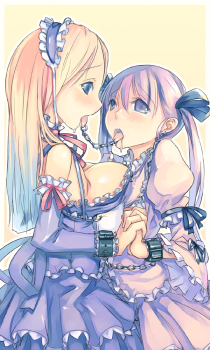 2girls artist_request bondage bound_together breasts breasts_out chains cuffs dress drooling duo female femsub frills hair_ribbon holding_hands linked_piercings linked_tongue multiple_girls multiple_subs mutual_linked_piercings mutual_linked_tongues open_mouth tongue_forced_out tongue_piercing twintails wrist_cuffs yuri