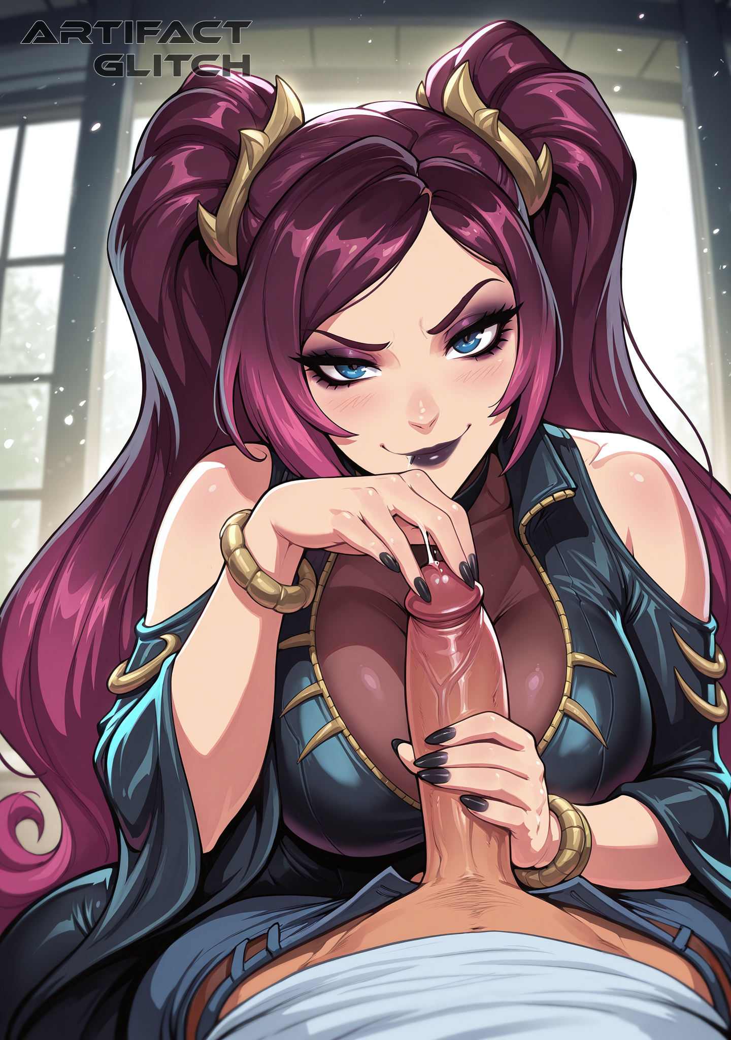 1boy, 1girls, abs, ai generated, artifactglitch, big breasts, big penis, black dress, blush, boner, cum, erection, hand on penis, handjob, league of legends, lipstick, long hair, looking at viewer, makeup, pentakill iii: lost chapter, pentakill iii: lost chapter sona, pleasured face, purple hair, riot games, shoulders, smile, sona buvelle, squished breasts, twintails, veiny penis, watermark